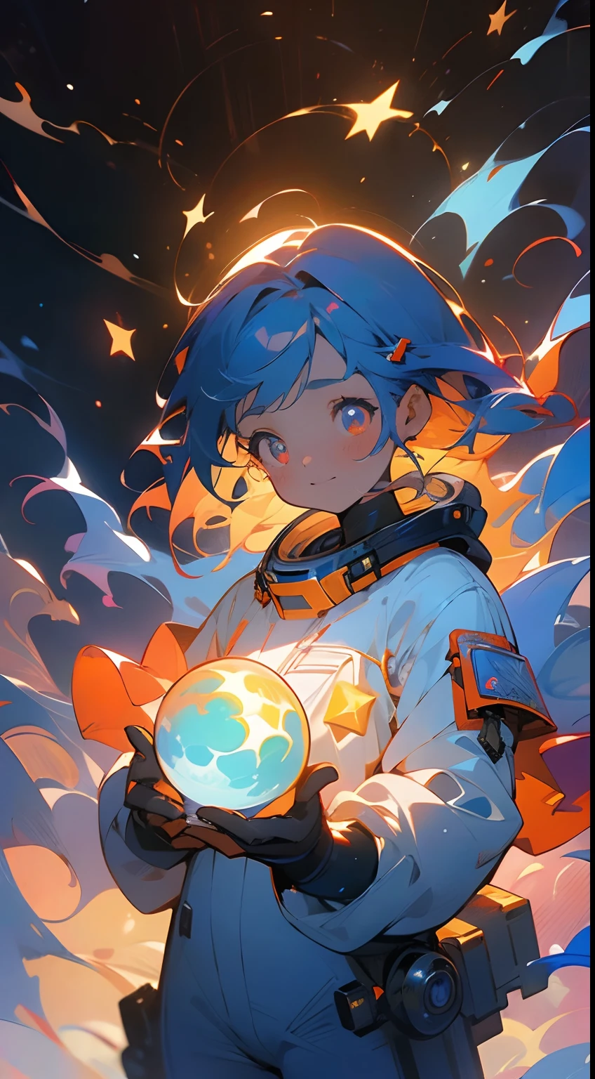 (masterpiece), best quality, a cute girl floating in the space holding a planet, ((holding)), sphere, ((glow, planet glow)), perfect face, expressive eyes, space suit, austronaut helmet, spiral galaxy, astronomy wallpaper, happy, colorful, exciting, gorgeous, blue giant star, cowboy shot, cosmic, cosmos 4k, shiny, perfect light, glowing sphere BREAK is a cute girl on space, she is holding a glwoing sphere with the two hands, she is wearing a white space suit, she has blue hair, red eyes, red giant star, sun like star, shine, BREAK vivid colors, bright,shiny, cool colors, dramatic lighting, artistic, creative, digital art, wallpaper, (glowing eyes), magical, impossible, good vibes, good emotions, adventure, (solo, alone,1girl)