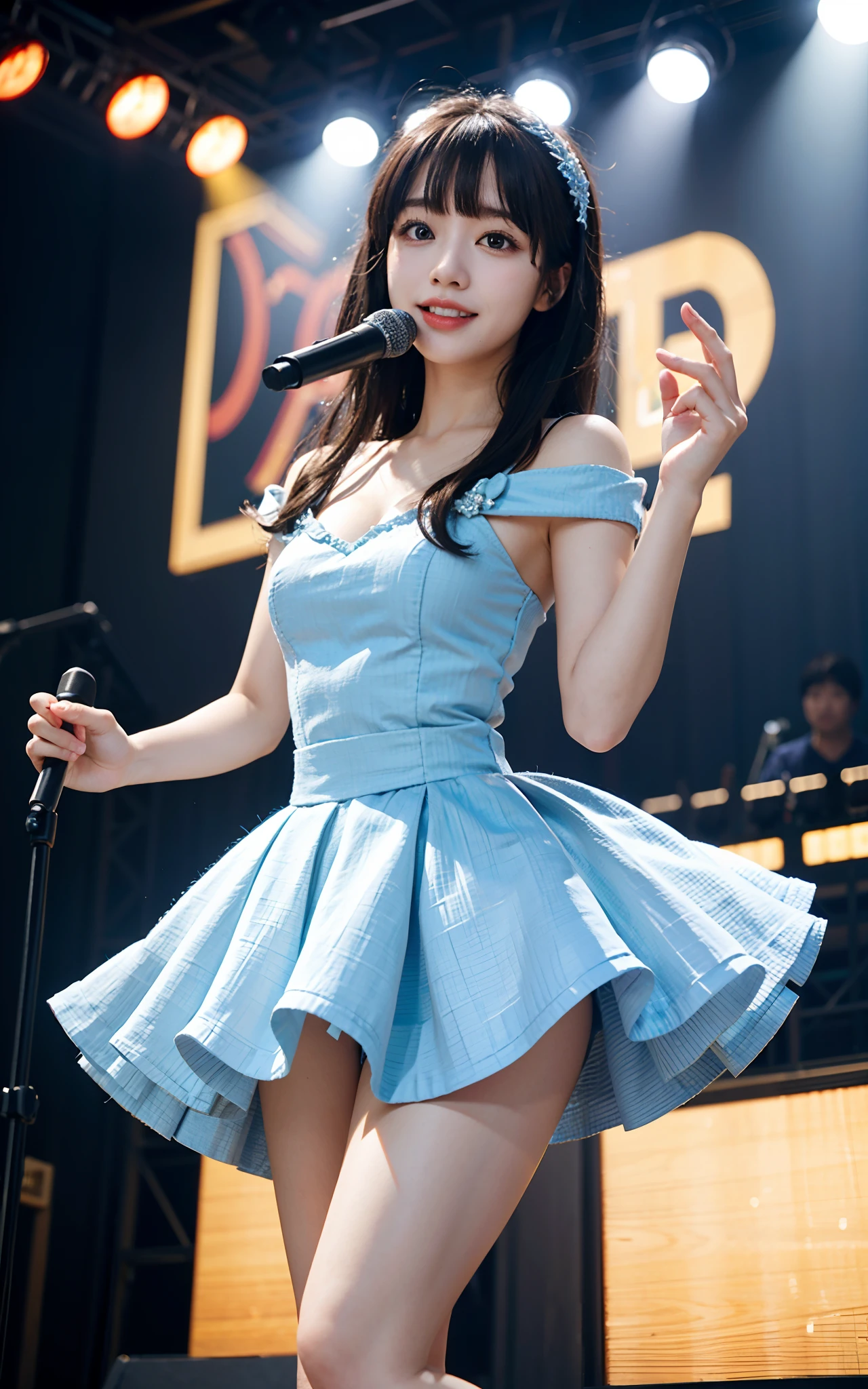 masterpiece, top-quality、Raw foto, Photorealsitic、Women between the and 15、Idol ontage、A smile 、Stage costumes、Fluffy outfits、a miniskirt、half up、I have a microphone、Showing off a high-pitched voice、Red high heels、Smaller chest、frombelow、unbelievable Ridiculous、depth of fields, hight resolution, ultra-detailliert, foco nítido, Cinematic lighting、Add highlights to the eyes