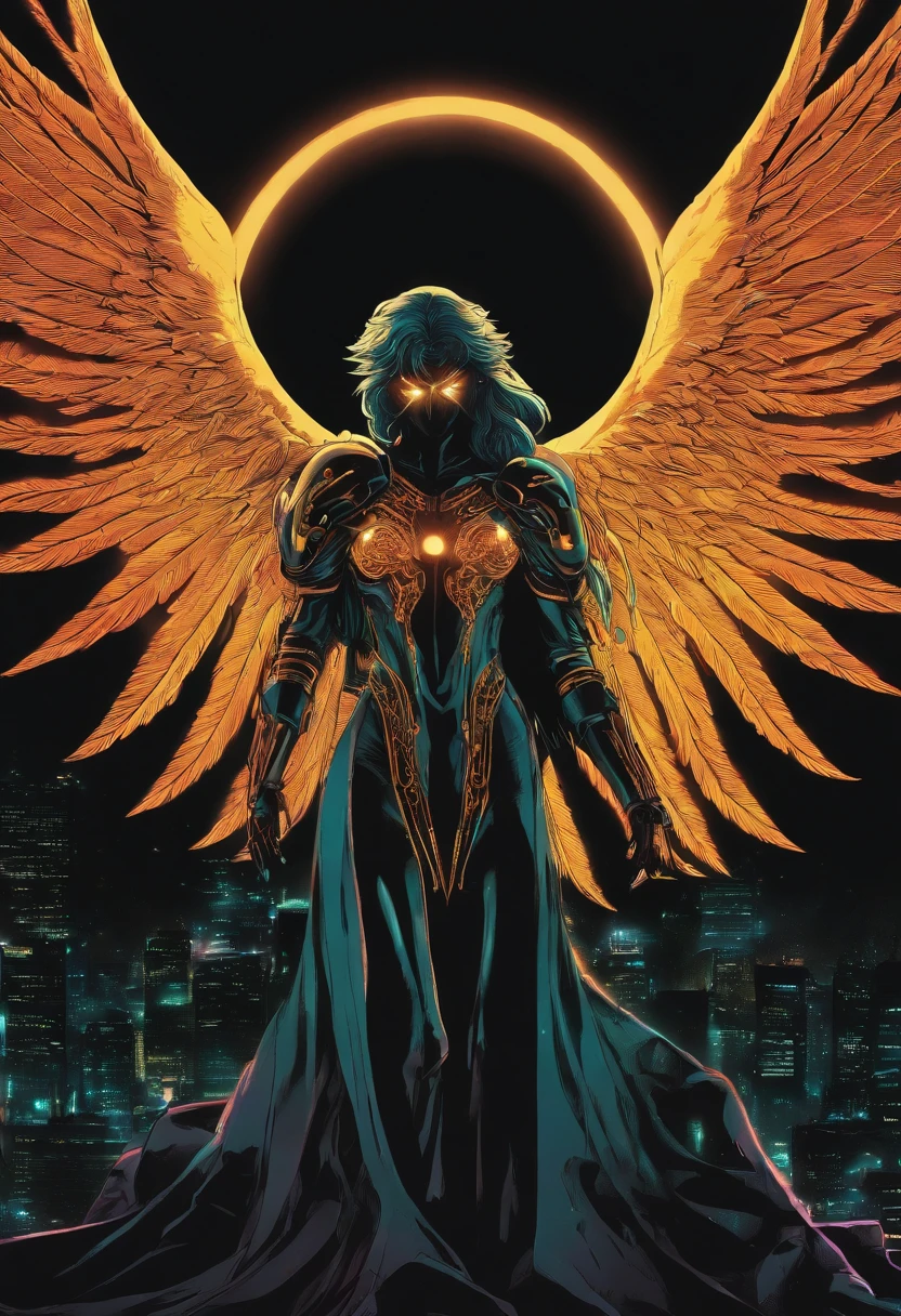 (1980s anime), Anime cell shading, comic style, Cosmic Fallen Angel, glowing light eyes, Biomechanical, eerie, Creepy, nightmarish, Very bright colors, Light particles, with light glowing, Mshiff, wallpaper art, UHD wallpaper