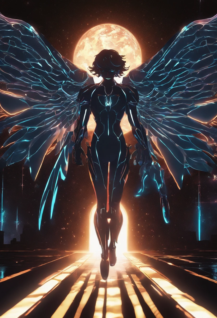 (1980s anime), Anime cell shading, comic style, Cosmic Fallen Angel, glowing light eyes, Biomechanical, eerie, Creepy, nightmarish, Very bright colors, Light particles, with light glowing, Mshiff, wallpaper art, UHD wallpaper