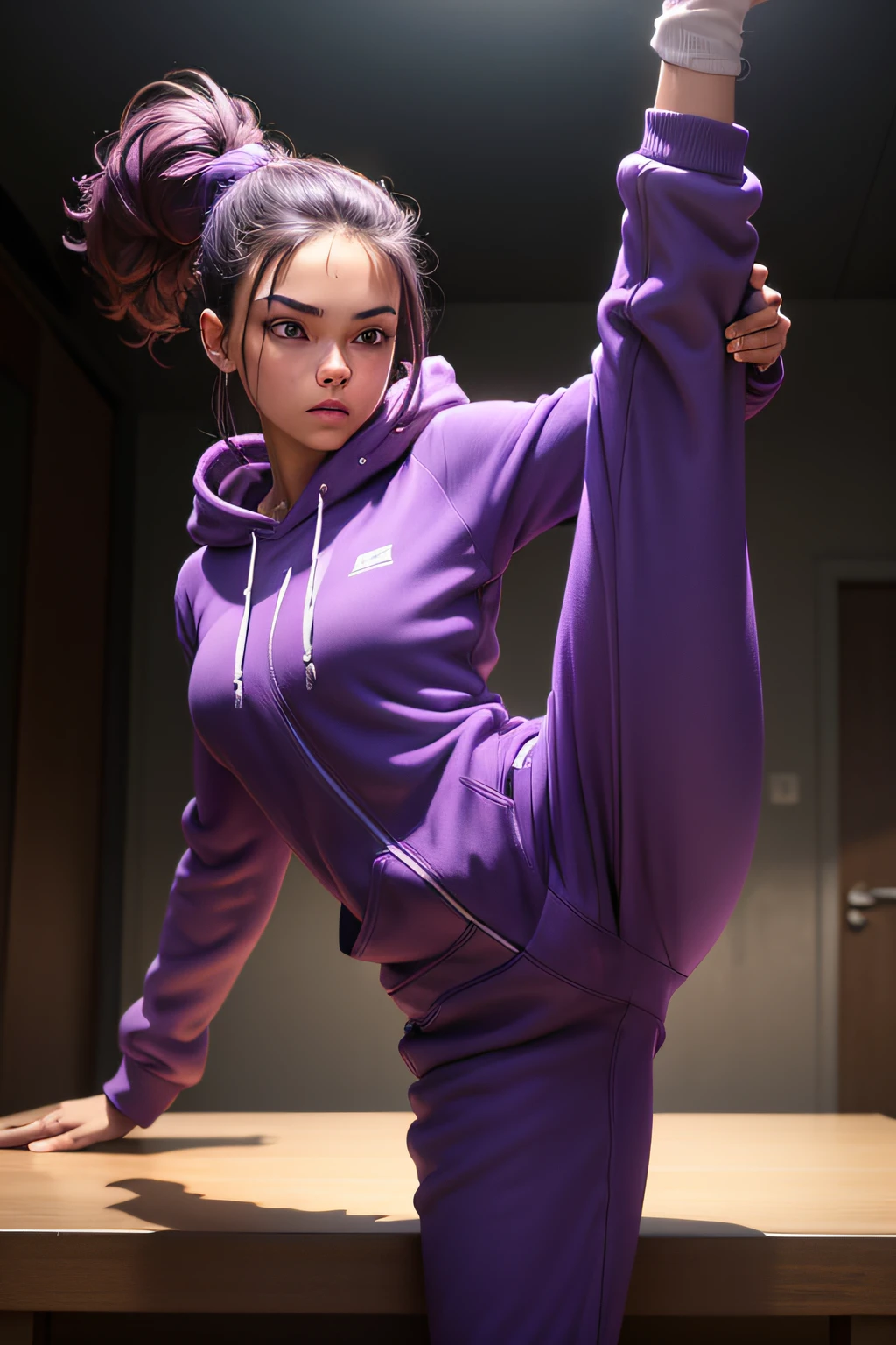 A woman is standing on the table, Raising his leg in the air, wearing a purple sweatsuit, portrait shot, athletic fashion photography, wearing a hoodie and sweatpants, Young man in purple hoodie, the sweat, in an action pose, Wearing a tracksuit, in a tracksuit, very artistic pose, Powerful pose, standing on two legs, High kick