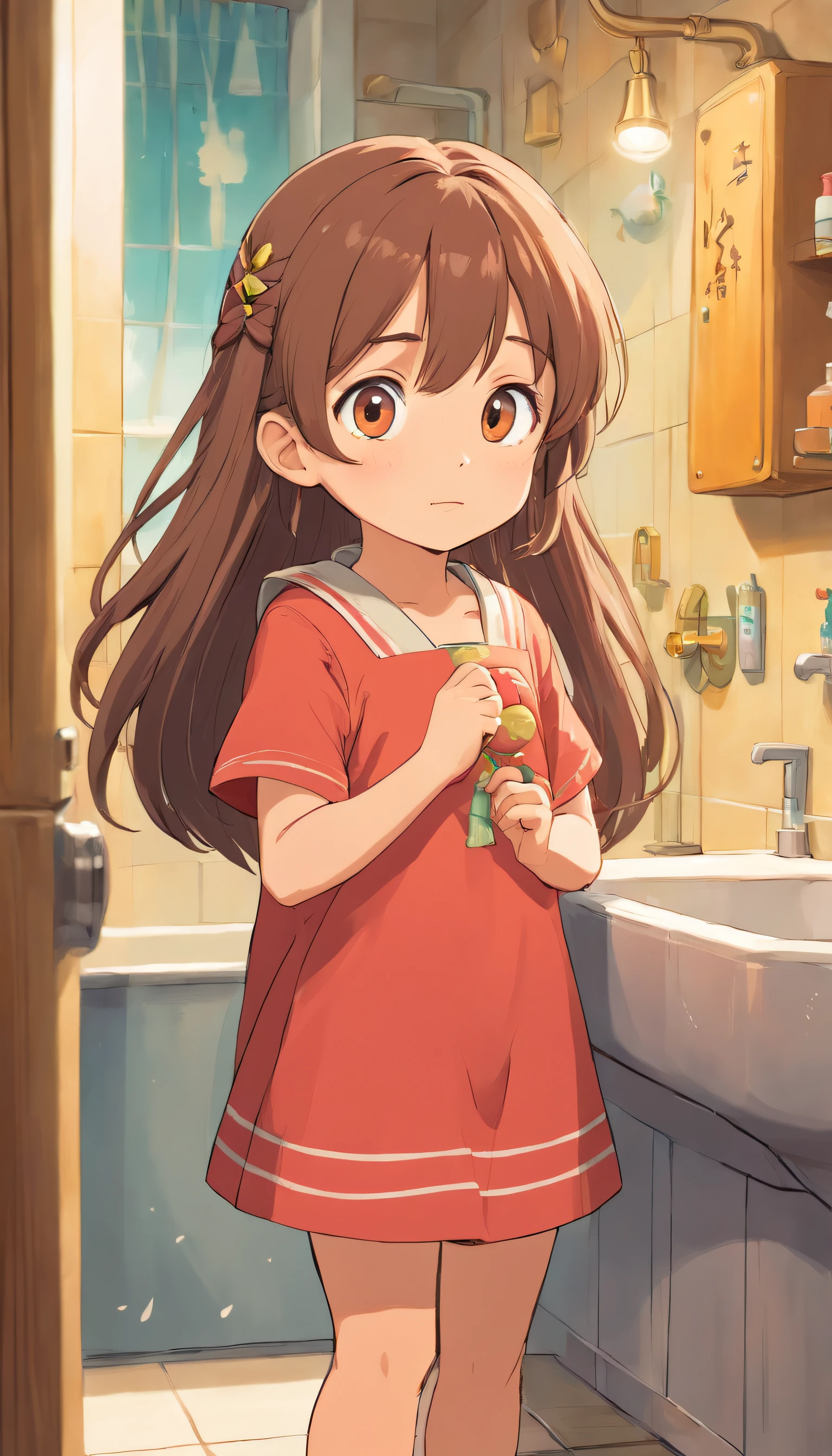 Funny, comical, little girl, 5 years old, todler, bathroom background, (Playful), toys, illustration, A high resolution, Vibrant colors, Soft lighting, Random actions,Wear randomly,Random angles,(Exquisitehands:1.5)(Perfect body proportion:1.5)(More refined anime eyes:1.5)long hair,random hair style