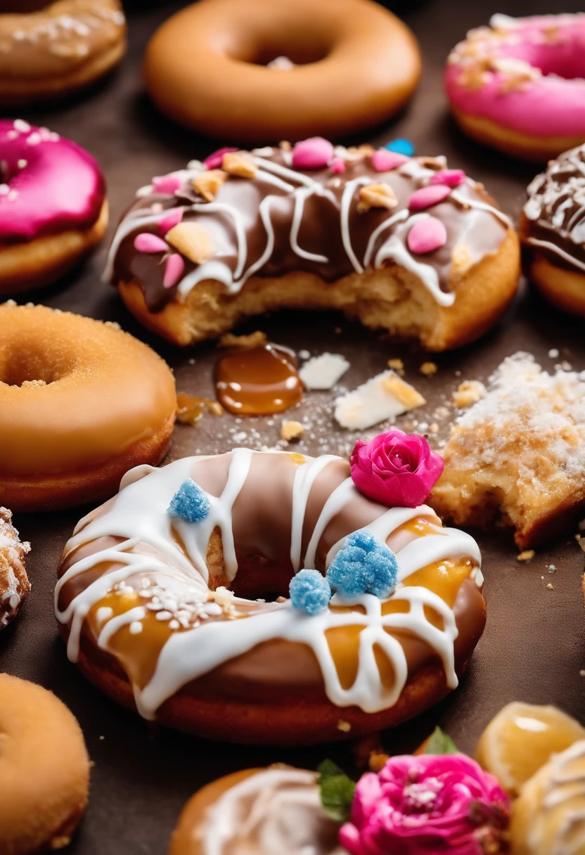 Ilustre 7 donuts sendo os recheios de, chocolate com confeito; Brown sugar with dulce de leche; iced sugar; chocolate com ovomaltine; icing sugar glace; chocolate rosa com confeito; White chocolate with lemon zest.