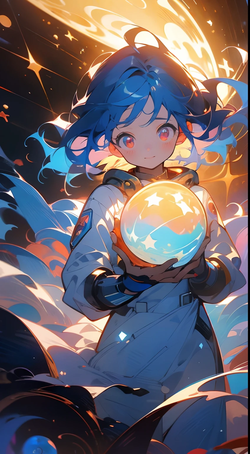 (masterpiece), best quality, a cute girl floating in the space holding a planet, ((holding)), sphere, ((glow, planet glow)), perfect face, expressive eyes, space suit, austronaut helmet, spiral galaxy, astronomy wallpaper, happy, colorful, exciting, gorgeous, blue giant star, cowboy shot, cosmic, cosmos 4k, shiny, perfect light, glowing sphere BREAK is a cute girl on space, she is holding a glwoing sphere with the two hands, she is wearing a white space suit, she has blue hair, red eyes, red giant star, sun like star, shine, BREAK vivid colors, bright,shiny, cool colors, dramatic lighting, artistic, creative, digital art, wallpaper, (glowing eyes), magical, impossible, good vibes, good emotions, adventure, (solo, alone,1girl)