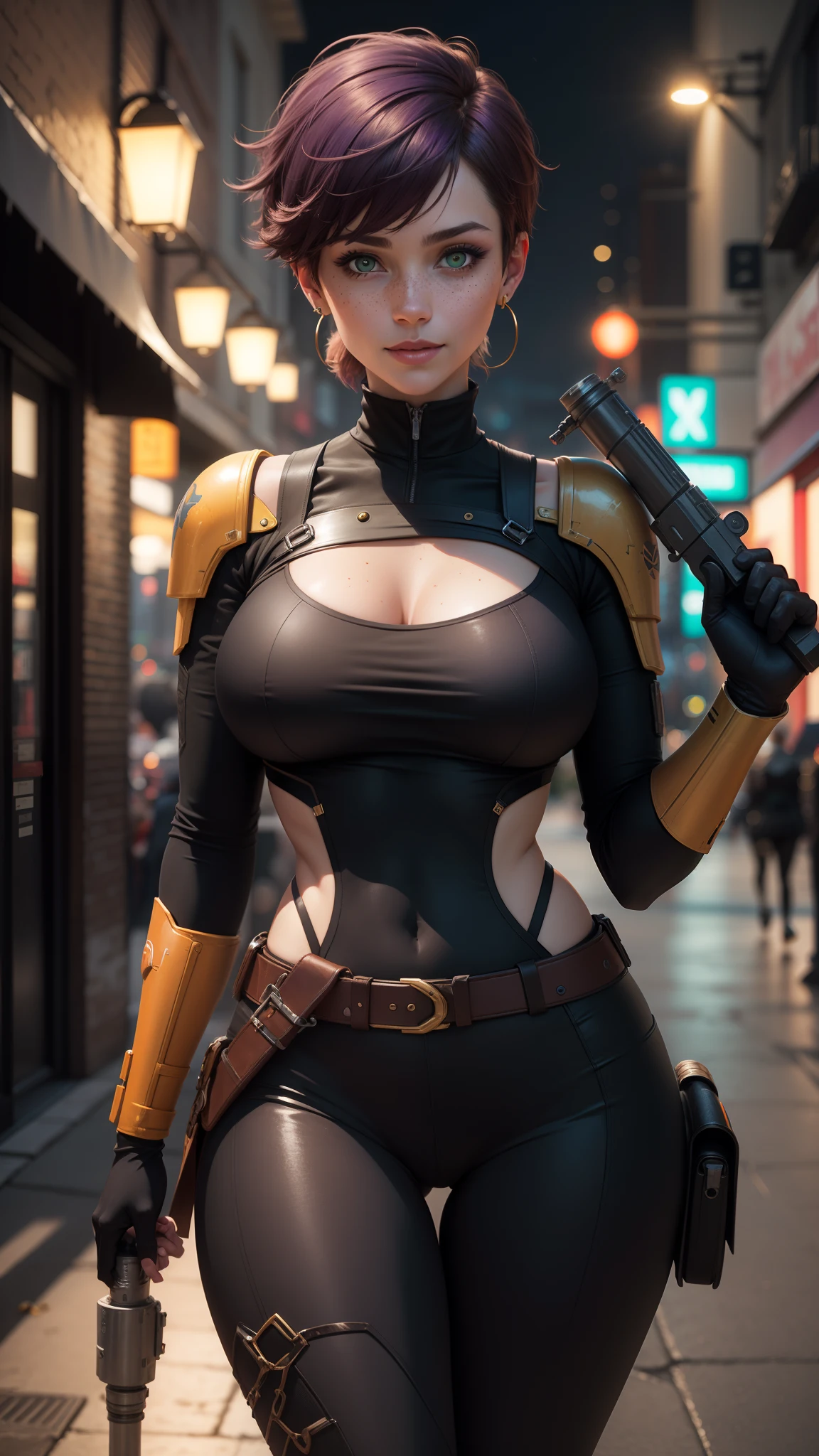 gwen tennyson,tracer,yorha 2b,rebecca chambers,overwatch,1girl,close up,futuristic city,cyberpunk theme, mandalorian,bounty hunter uniform, bounty hunter armor,green long sleeve lycra top,military leggings,short hair,brass earrings,night gown,holding a blaster,gothic makeup,green eyes,orange hair,purple hair highlights,shy smile, freckles,redhead,beautiful girl,large breasts,ultra detailed,realistic,fantasy art,