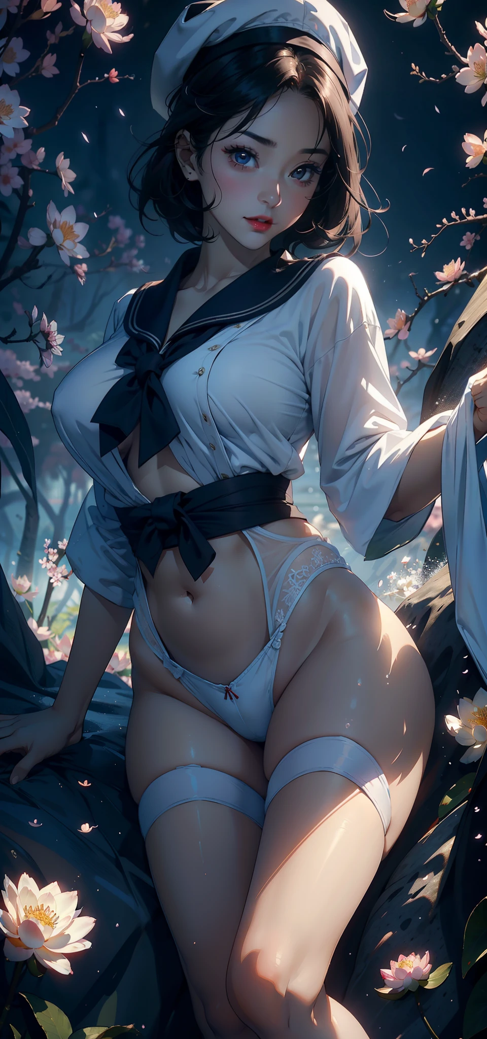 1female,45 yers old,Married Woman,熟妇,plumw,extremely large bosom, 独奏,(Background with:ponds,Cherry blossom forest,lotus flower)Lie underwater, She has short black hair,seen from the front,, mostly cloudy sky,(((tmasterpiece),(Very detailed CG unity 8K wallpaper),best qualtiy,cinmatic lighting,detailed back ground,beatiful detailed eyes,Bright pupils,Black eyes,Snow-whiteskin,Redlip(Very fine and beautiful),(Beautiful and detailed eye description),ultra - detailed,tmasterpiece,))facing at camera,A high resolution,ultra - detailed),revealing breasts,Bare genitalia, Bulge,legs are open,Raised sexy,Camel toes,Desire for dissatisfaction,frontage,Navy(Wearing:校服,Sailor's cap,Transparent sailor uniform,Bare ,)