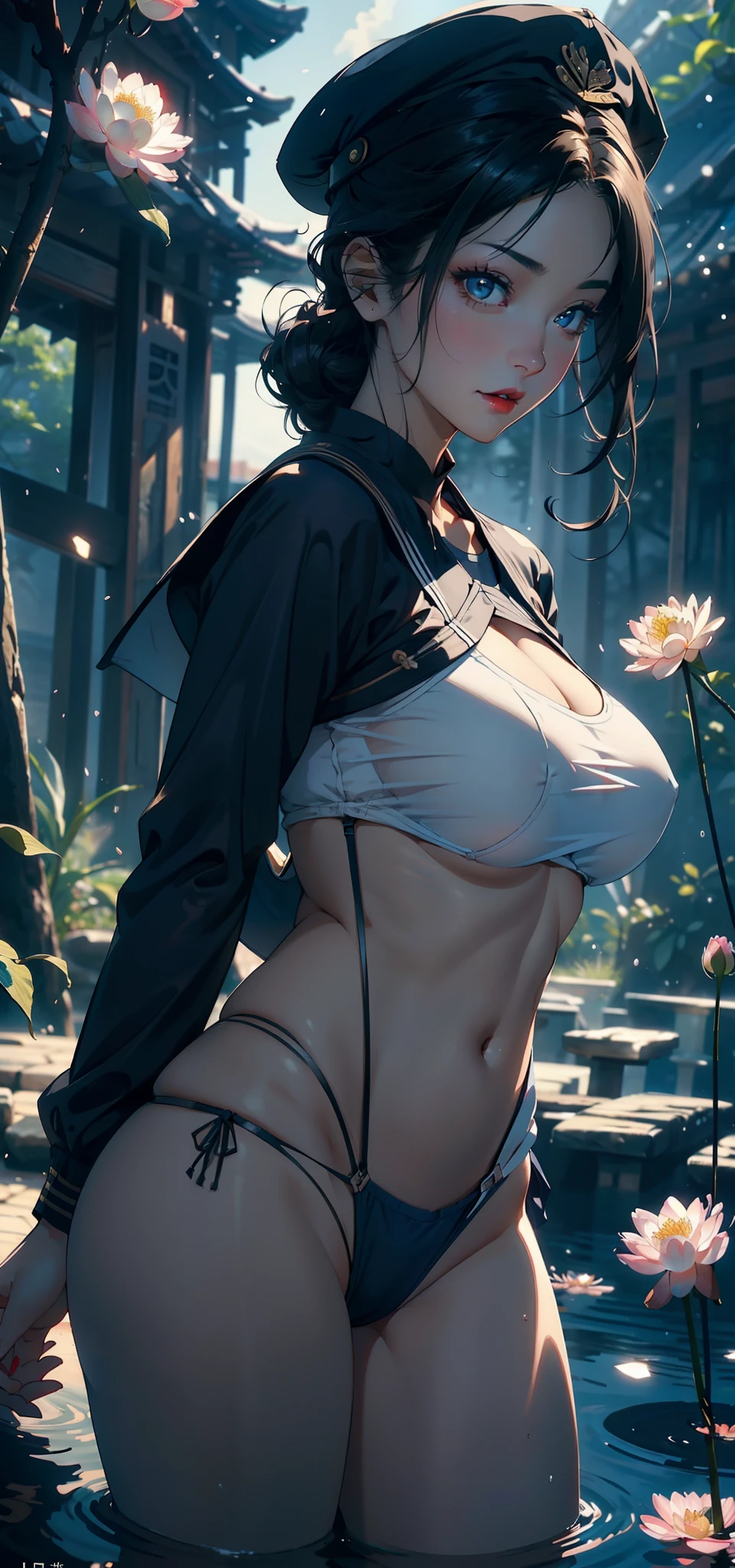 1female,45 yers old,Married Woman,熟妇,plumw,extremely large bosom, 独奏,(Background with:ponds,Cherry blossom forest,lotus flower)Lie underwater, She has short black hair,seen from the front,, mostly cloudy sky,(((tmasterpiece),(Very detailed CG unity 8K wallpaper),best qualtiy,cinmatic lighting,detailed back ground,beatiful detailed eyes,Bright pupils,Black eyes,Snow-whiteskin,Redlip(Very fine and beautiful),(Beautiful and detailed eye description),ultra - detailed,tmasterpiece,))facing at camera,A high resolution,ultra - detailed),revealing breasts,Bare genitalia, Bulge,legs are open,Raised sexy,Camel toes,Desire for dissatisfaction,frontage,Navy(Wearing:校服,Sailor's cap,Transparent sailor uniform,Bare ,)