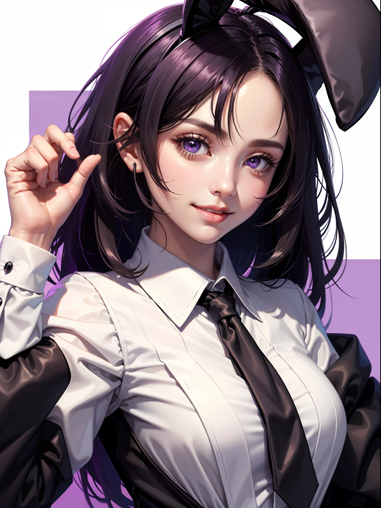 1 girl,Short black dress, purple eyes, smiling, extremely detailed, 4k wallpaper, ((white shirt, tie)), close up, ((bunny ears)), black background,