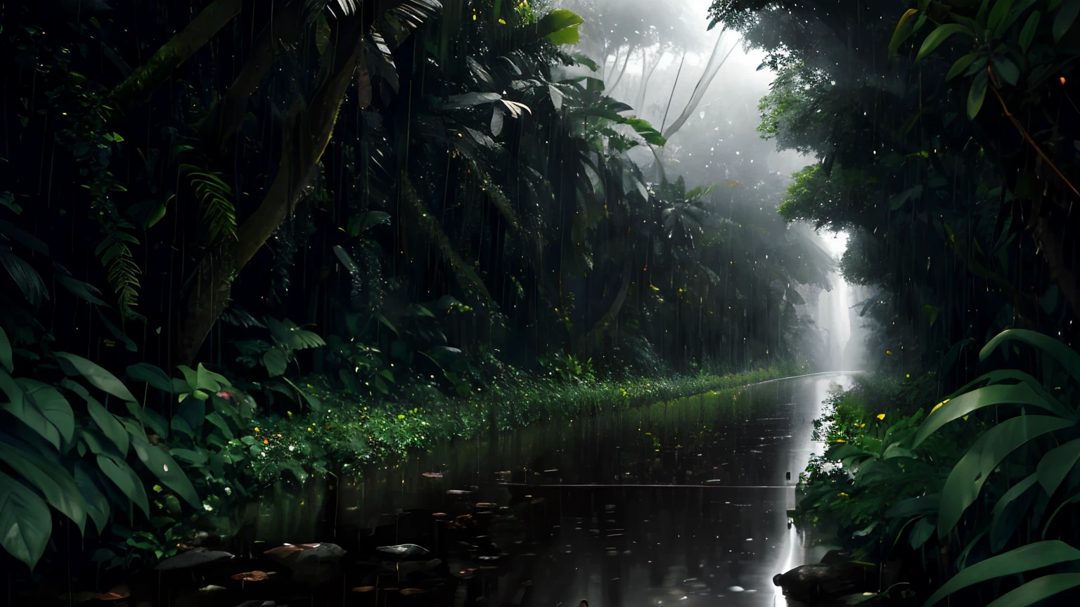 A jungle, with intense rainfall, monochromatic, vines all around, giant and wet trees, masterpiece, best quality, high quality, extremely detailed CG unity 8k wallpaper, oil paiting, award winning photography, Bokeh, Depth of Field, HDR, bloom, Chromatic Aberration ,Photorealistic,extremely detailed, trending on artstation, trending on CGsociety, Intricate, High Detail, dramatic, art by midjourney, volumetric lighting.

Image Size                      : 960x536