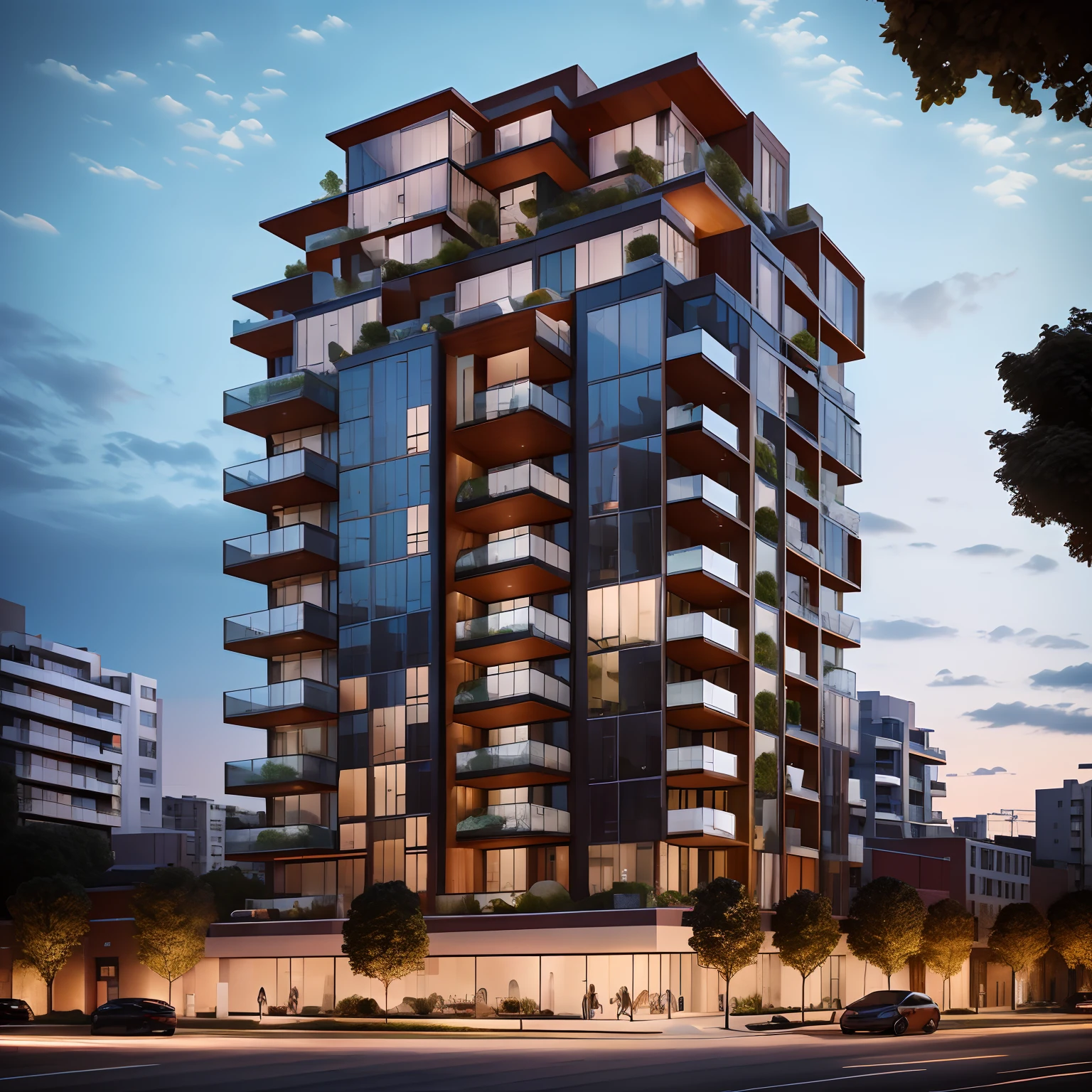 14-storey residential building. modernvilla, mabuilding, front, architecture, stone and glass, photo of a house, architecture, beautiful, masterpiece, best quality, super detailed, realistic, photorealistic, 8k, sharp focus