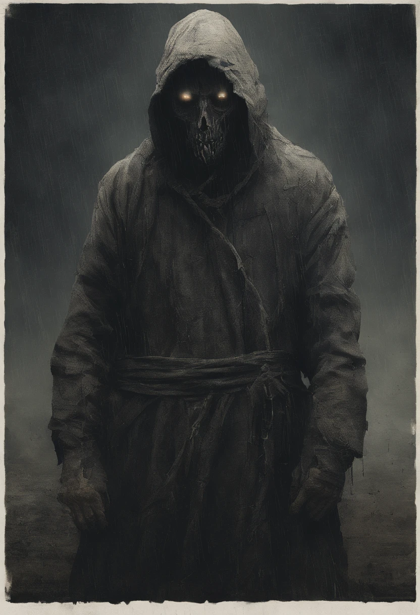 waist up, very old, almost dead, half of the face deformed and melted, dirty, beggar, monster, short gray hair, pale and wrinkled skin, sparse beard, yellowish pupils, hunched posture, penetrating and evil gaze, torn clothes, cloak of raven feathers on the back, body covered with bands and hood, fog, dark gas station, horror, fear, scary, suspense, mysterious