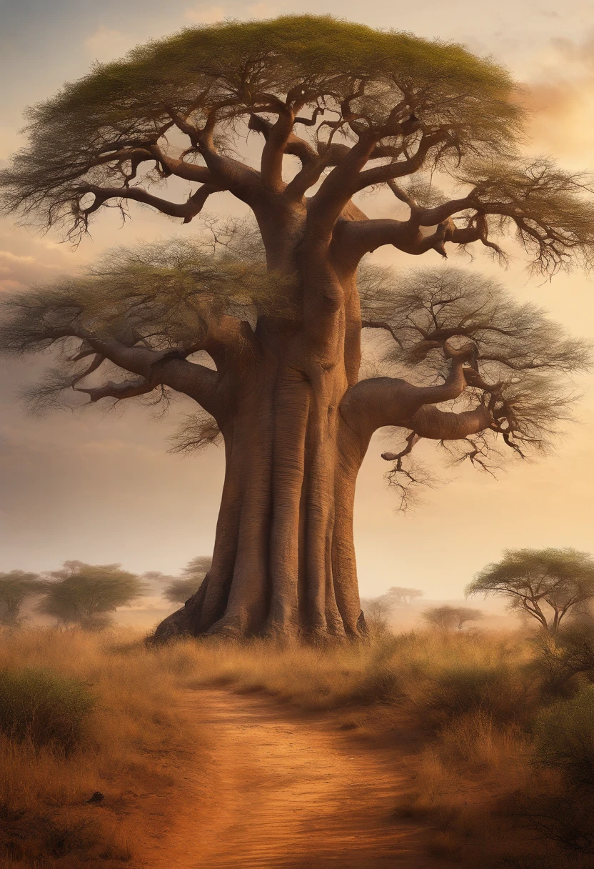 A baobab tree stands tall on the right side of the frame, extending its strong branches towards the sky. The tree is massive and majestic, with a wide trunk and a crown of lush leaves. Its bark is rugged and textured, displaying the wisdom of time. On the left side, four children stand in a row, facing the baobab tree. They are positioned according to the rule of thirds, creating a balanced and visually pleasing composition. The children are full of curiosity and wonder, their eyes sparkling with excitement. The savanna environment surrounds them, stretching out into the distance. Tall grasses sway gently in the breeze, creating a sea of golden hues. The ground is dotted with scattered rocks and small wildflowers, adding pops of color to the landscape. The quality of the image is of the utmost importance. It should be of the best quality, with a resolution of 4k or 8k, ensuring every detail is captured with clarity. The image should be ultra-detailed, showcasing the intricate textures of the baobab tree's bark and the characters' facial features. The art style should lean towards a realistic and photorealistic representation, capturing the true essence of the scene. The colors should be vibrant and vivid, reflecting the richness of the African landscape. The lighting should be natural and warm, casting soft rays of sunlight on the children and the baobab tree, creating a magical atmosphere. To summarize, the prompt for generating the image would be: "four children facing a baobab tree,best quality,4k,8k,highres,masterpiece:1.2,ultra-detailed,realistic,photorealistic:1.37,savanna environment,tall grasses,scattered rocks,wildflowers,rugged baobab tree,curious expressions,wonder-filled eyes,natural warm lighting,vibrant colors"
