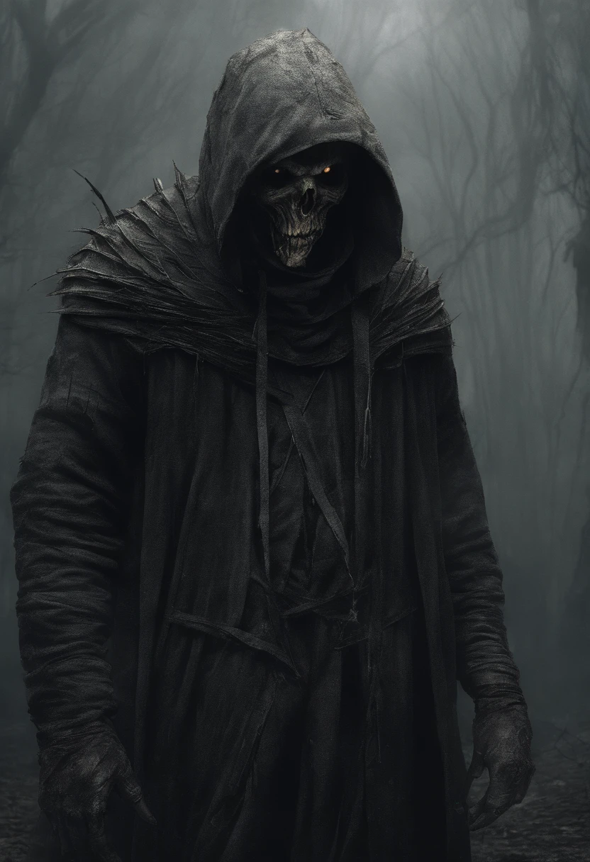 waist up, very old, almost dead, half of the face deformed and melted, dirty, beggar, monster, short gray hair, pale and wrinkled skin, sparse beard, yellowish pupils, hunched posture, penetrating and evil gaze, torn clothes, cloak of raven feathers on the back, body covered with bands and hood, fog, dark gas station, horror, fear, scary, suspense, mysterious