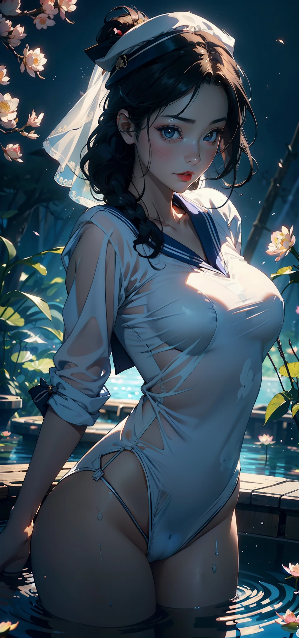 1female，45 yers old，Married Woman，熟妇，plumw，extremely large bosom， 独奏，（Background with：ponds，Cherry blossom forest，lotus flower）Lie underwater， She has short black hair，seen from the front，， mostly cloudy sky，（（（tmasterpiece），（Very detailed CG unity 8K wallpaper），best qualtiy，cinmatic lighting，detailed back ground，beatiful detailed eyes，Bright pupils，Black eyes，Snow-whiteskin，Redlip（Very fine and beautiful），（Beautiful and detailed eye description），ultra - detailed，tmasterpiece，））facing at camera，A high resolution，ultra - detailed），revealing breasts，Bare genitalia，  Bulge，legs are open，Raised sexy，Camel toes，Desire for dissatisfaction，frontage，Navy（Wearing：校服，Sailor's cap，Transparent sailor uniform，Bare ，）