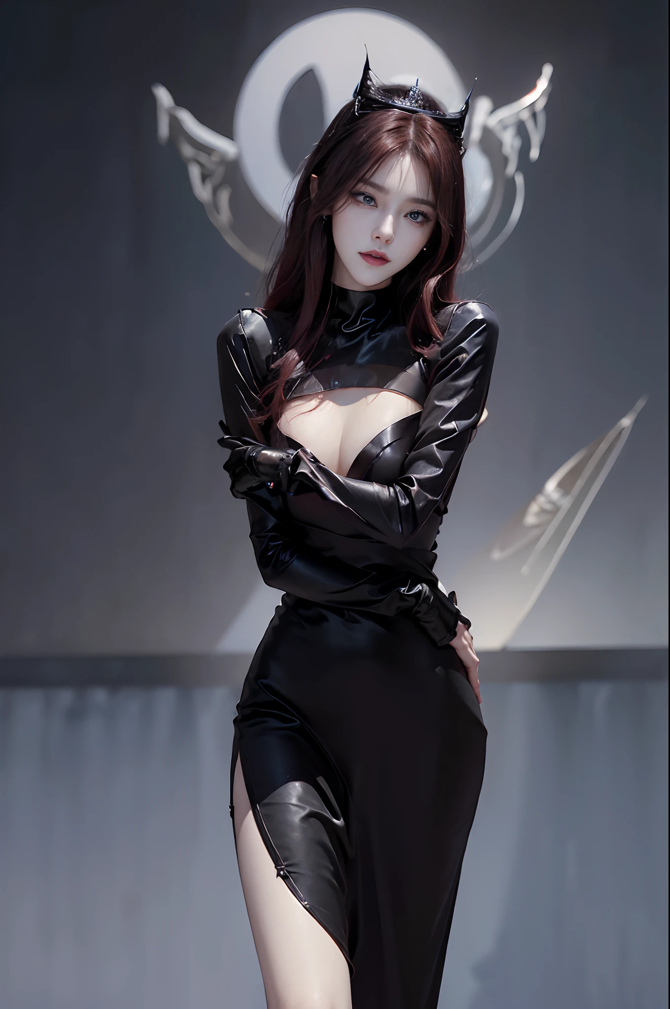 ((4K works))、masterpiece、(top-quality)、1 Beautiful Villain Girl、Slim body、tall、((Villain Black Dress Fashion))、(Detailed beautiful eyes)、Shot at White Castle, Where the villain queen lives、((Face similar to Carly Rae Jepsen))、((Long boyish red hair))、((Smaller face))、((Neutral face))、((Bright blue eyes))、((American adult women))、((Adult female 26 years old))、((cool lady))、((Like a celebrity))、((Like the villain queen))、((Smiling expression))、((Korean Makeup))、((elongated and sharp eyes))、((boyish))、((Villain Queen))、((Photograph her from afar))、((Shot diagonally from the side))、Professional Photos、Villain Queen photo