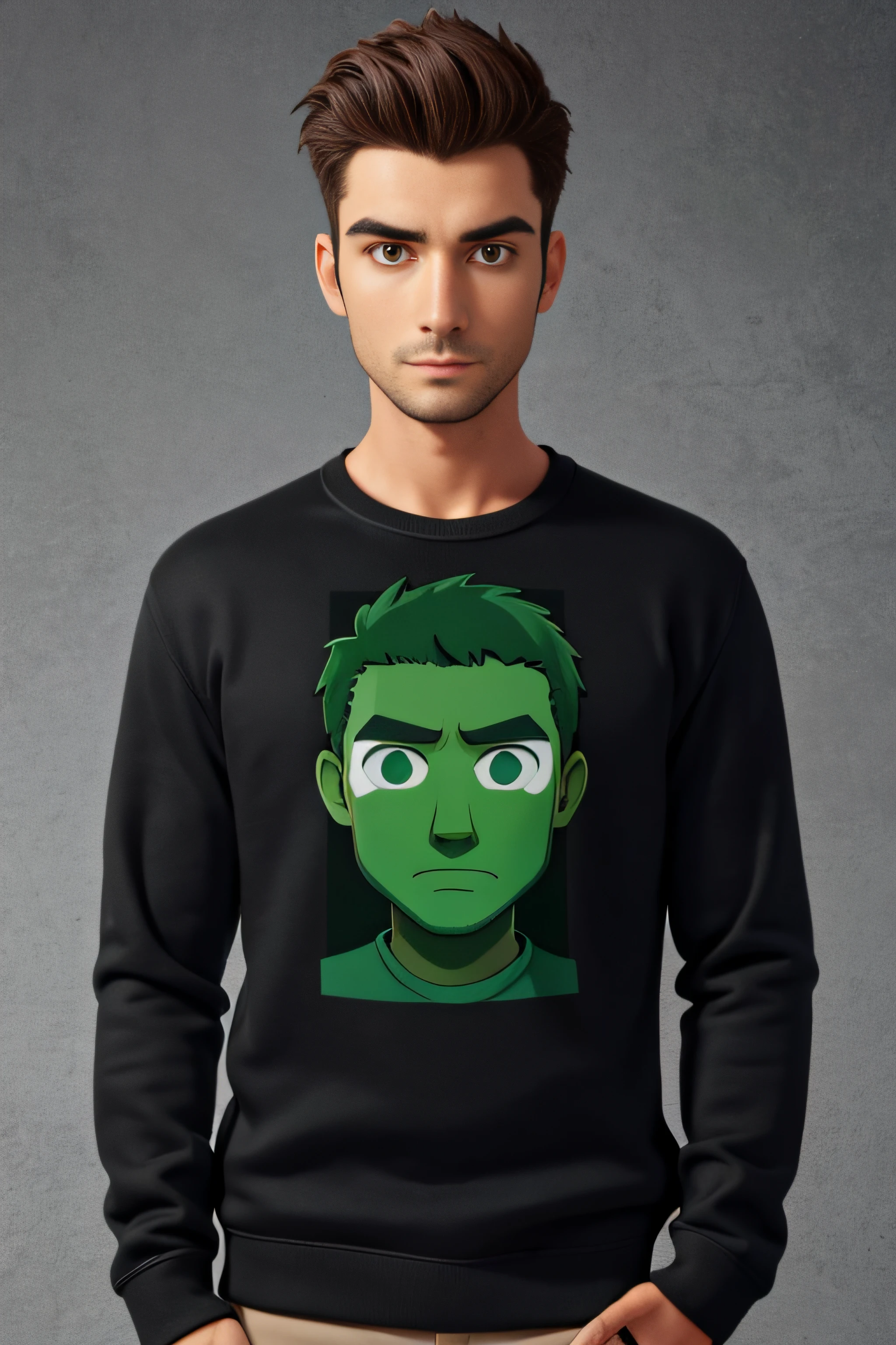 homme brin sur fond vert, It must be centered with the face in front and the gaze that stares at the viewer, fully visible, avec un sweat shirt noir