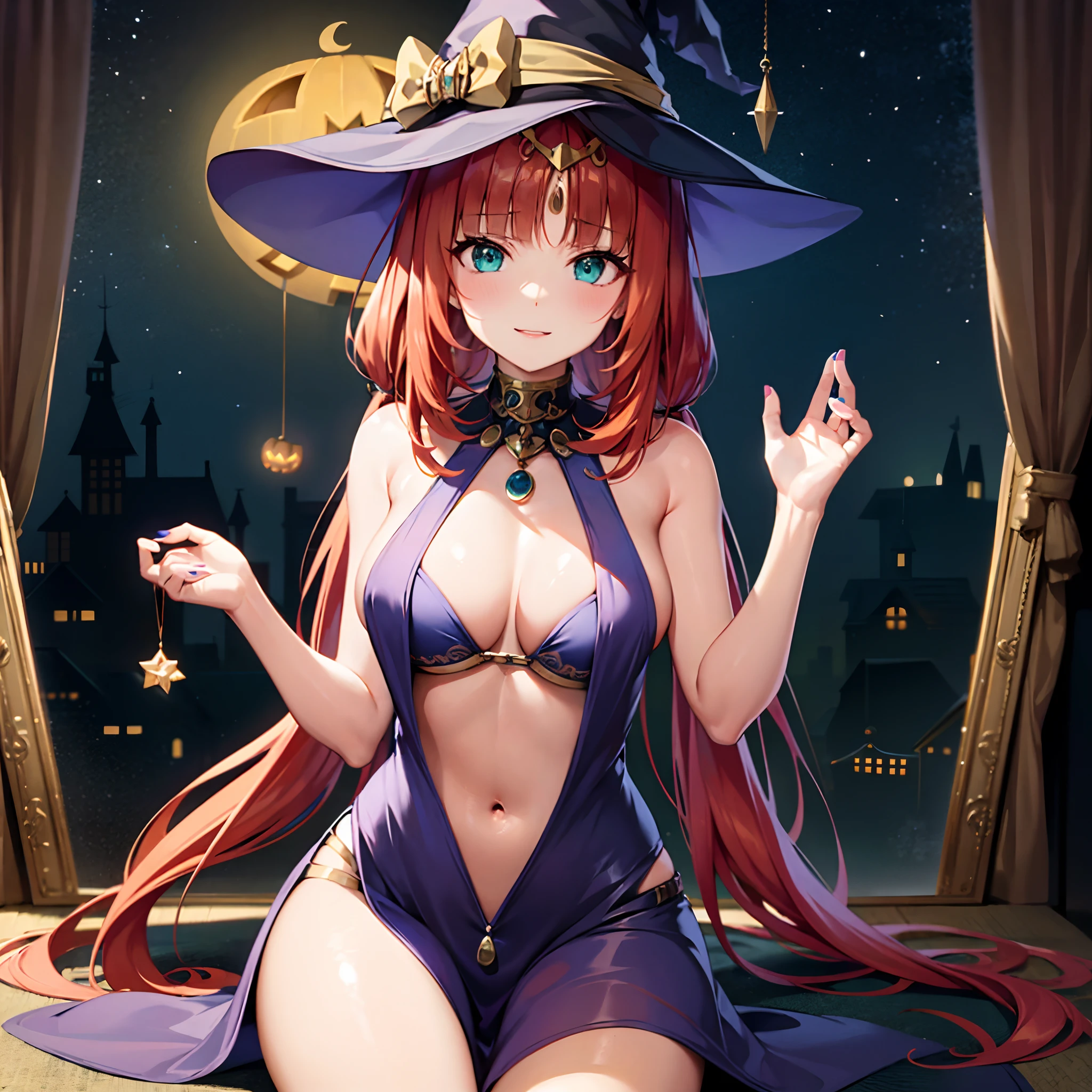 nilou (genshin impact), long hair, bangs, red hair, parted bangs, twintails, nail polish, aqua eyes, very long hair, low twintails, breasts, halloween costume, witch costume, sexy, night, room