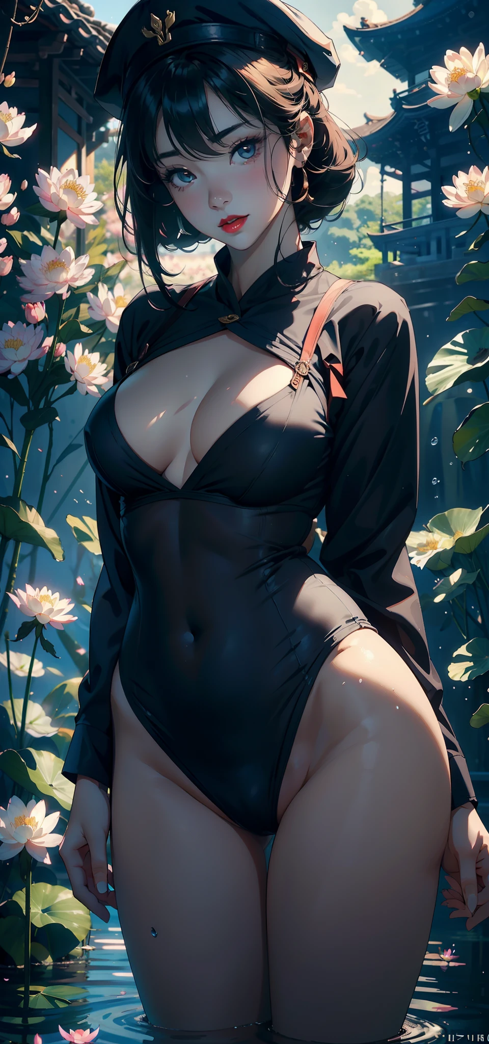 1female,45 yers old,Married Woman,熟妇,plumw,extremely large bosom, 独奏,(Background with:ponds,Cherry blossom forest,lotus flower)Lie underwater, She has short black hair,seen from the front,, mostly cloudy sky,(((tmasterpiece),(Very detailed CG unity 8K wallpaper),best qualtiy,cinmatic lighting,detailed back ground,beatiful detailed eyes,Bright pupils,Black eyes,Snow-whiteskin,Redlip(Very fine and beautiful),(Beautiful and detailed eye description),ultra - detailed,tmasterpiece,))facing at camera,A high resolution,ultra - detailed),revealing breasts,Bare genitalia, Bulge,legs are open,Raised sexy,Camel toes,Desire for dissatisfaction,frontage,Navy(Wearing:校服,Sailor's cap,Transparent sailor uniform,Bare ,)