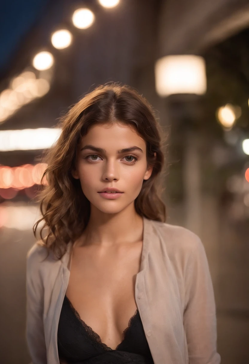 Femme sexy, 20 ans, mince, sport, shiny tanned skin, Abdos sur le ventre , fort , Dried breasts décolleté, narrow waist, curly chatty hair, Kaia Gerber , Realstic, photographique, Realstic, naturel, Night street, HDR