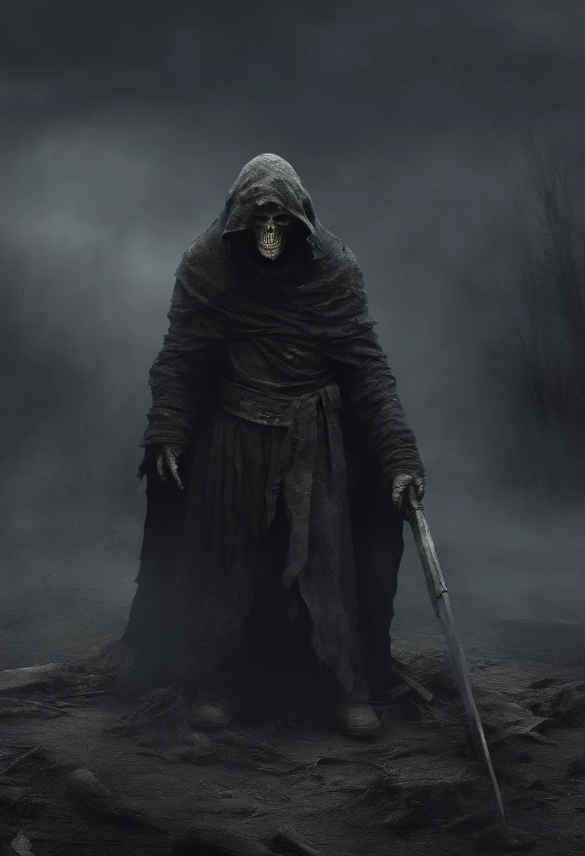 waist up, very old, half of the face deformed and melted, scary, dirty, beggar, monster, short gray hair, pale and wrinkled skin, sparse beard, yellowish pupils, hunched posture, penetrating and evil gaze, torn clothes, cloak with raven feathers on the back, body covered with bands and hood, fog, dark gas station, horror, fear, scary, suspense, mysterious