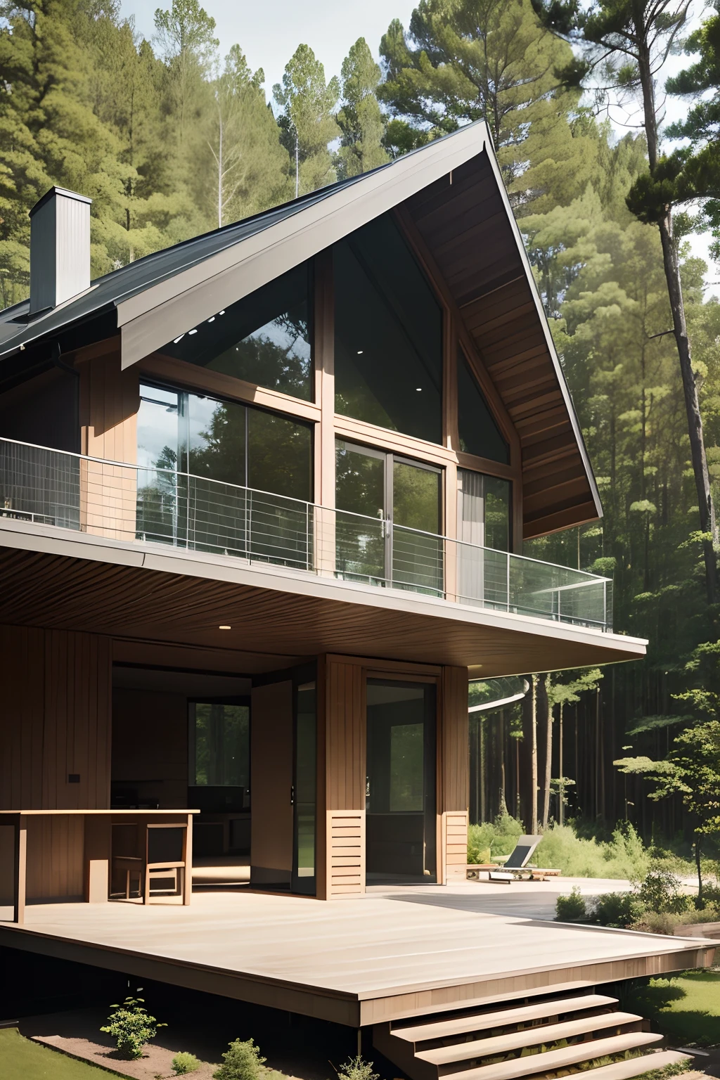 Nestled within a serene woodland enclave, a modern house harmonizes with nature's embrace. Its sleek design, featuring clean lines and expansive windows, frames the surrounding forest like a living artwork. Bathed in natural light, the interior seamlessly blends with the outdoors. Minimalistic interiors complement the verdant views, while a spacious deck offers a tranquil retreat amidst the trees. Surrounded by the gentle rustle of leaves and the occasional call of wildlife, this modern abode provides a peaceful sanctuary, where the comforts of contemporary living coexist in perfect harmony with the untamed beauty of the woods
