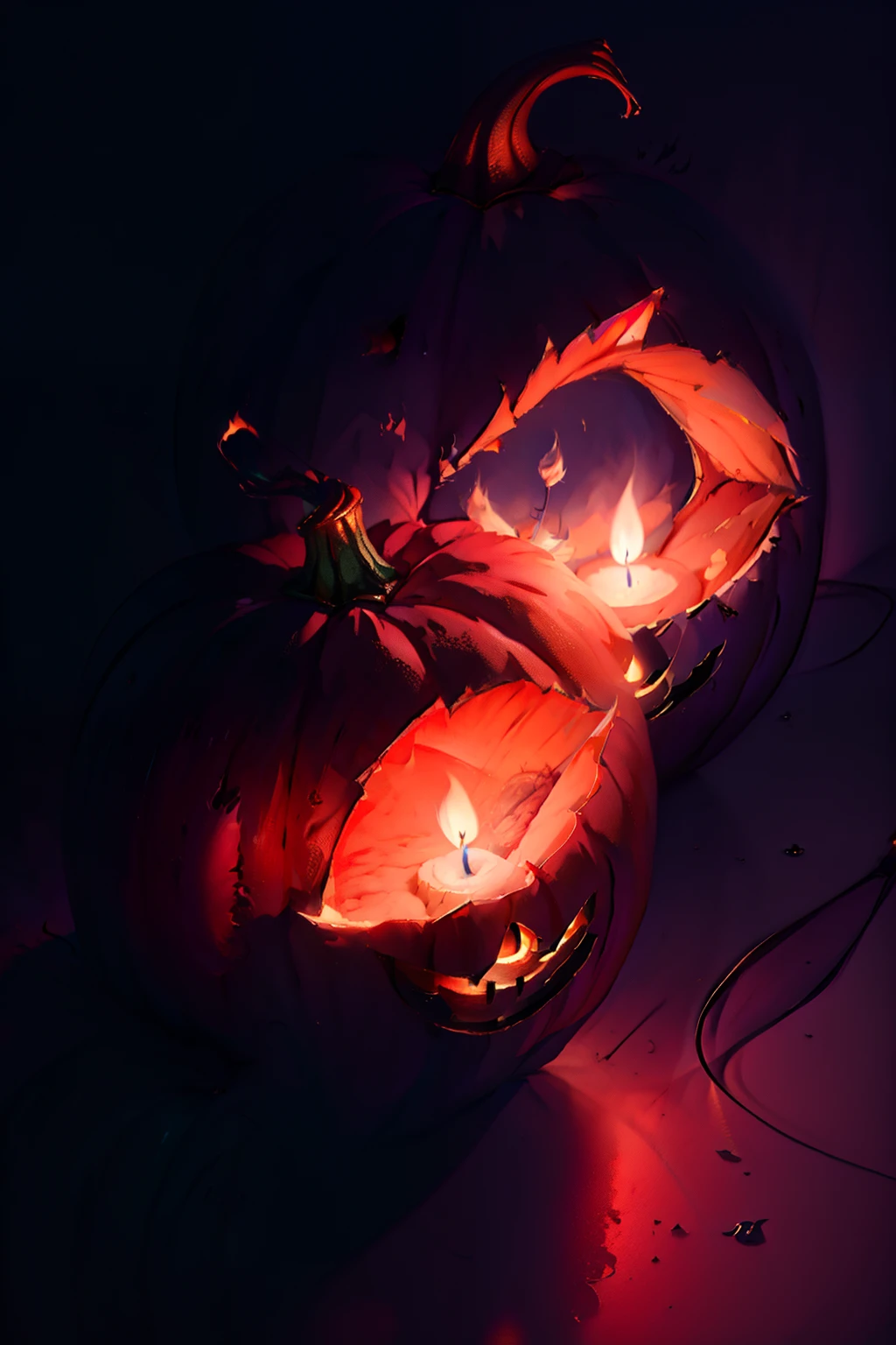 Calabaza tenebrosa, ambuente Halloween, con humo y velas, 8k, muchos detalles