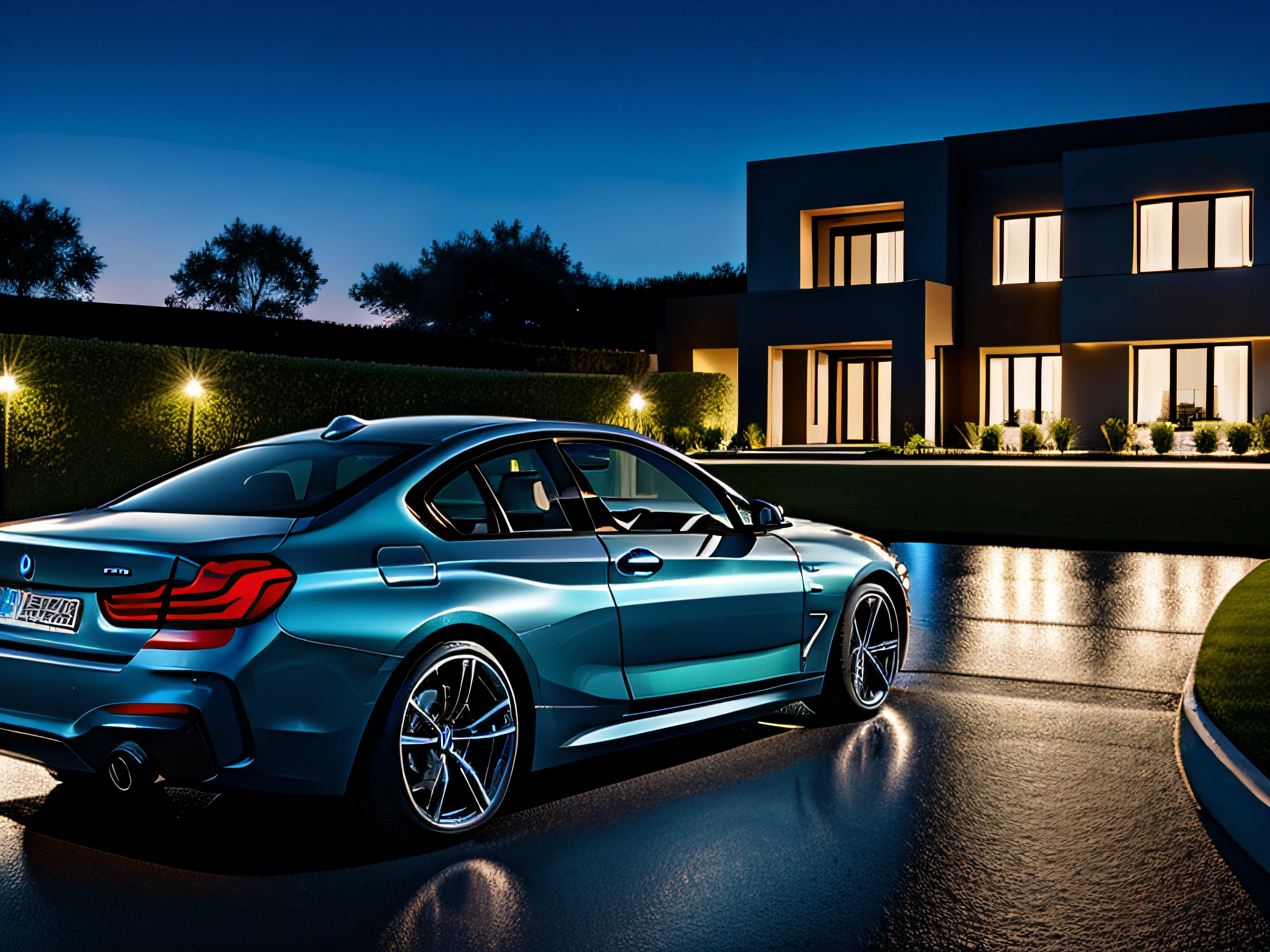 bmw next to a modern mansion driveway at night