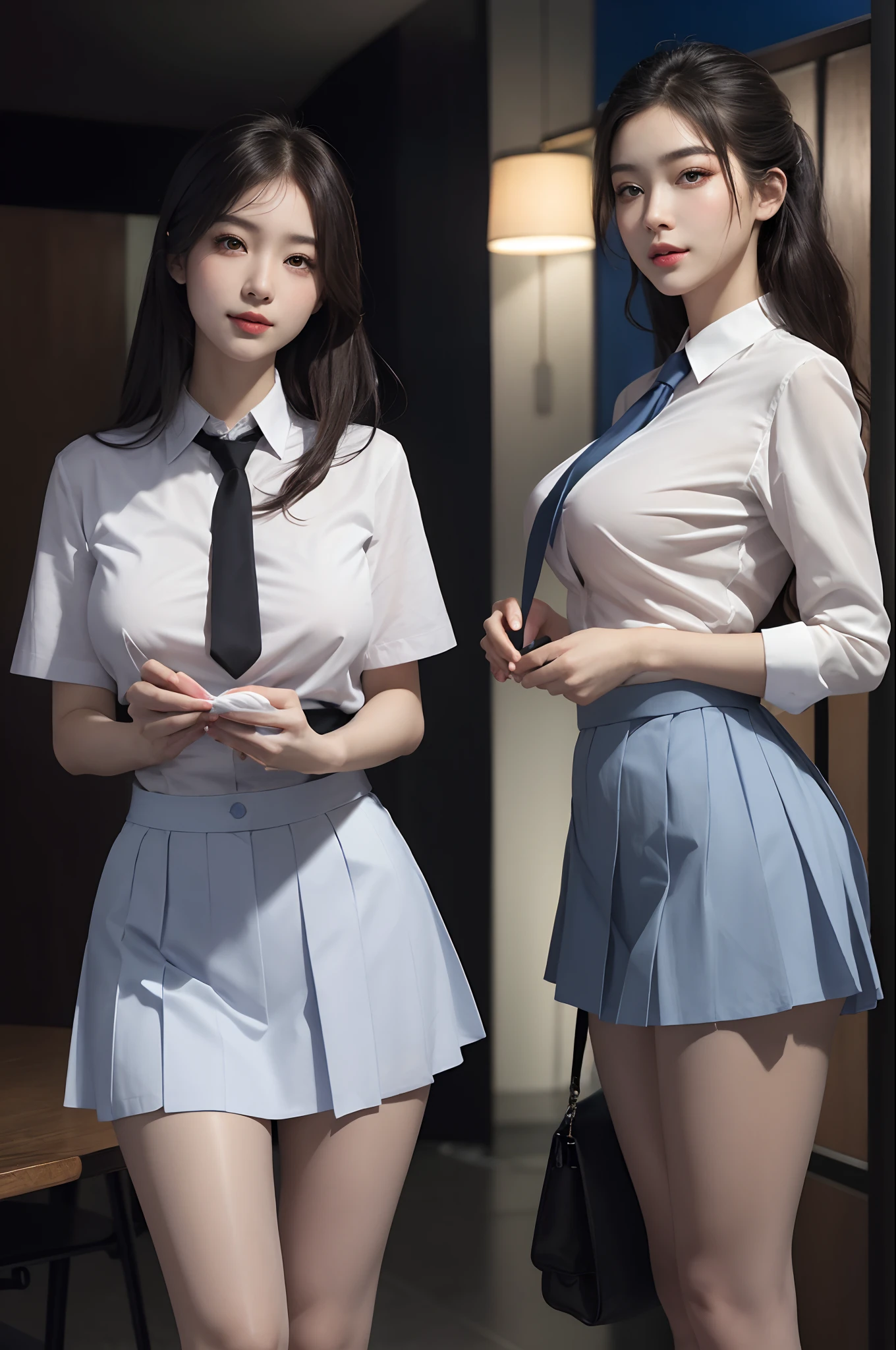 Ultra-realistic 8k CG，s the perfect face，flawless perfection，ren，tmasterpiece，professionalartwork，famousartwork，s the perfect face，beauitful face，beautidful eyes，（（Perfect female body）），独奏，（immersiveatmosphere，lightand shade contrast：1.5，Bright light:1.2,lumnious),,(Blushlush:0.5),Enchanting expression,Ultimate detail_The eye,thick thight,huge tit,Exquisite background,depth of fields,photorealestic:1.3,Faraway view,1girl,The shirt,pleatedskirt,School Uniform，Stand up，full bodyesbian，（ambient lights：1.3），（cinematic compositions：1.3），（neonlight：0.1），（HDR：0.1），emphasis lighting，White panty hose，Two people