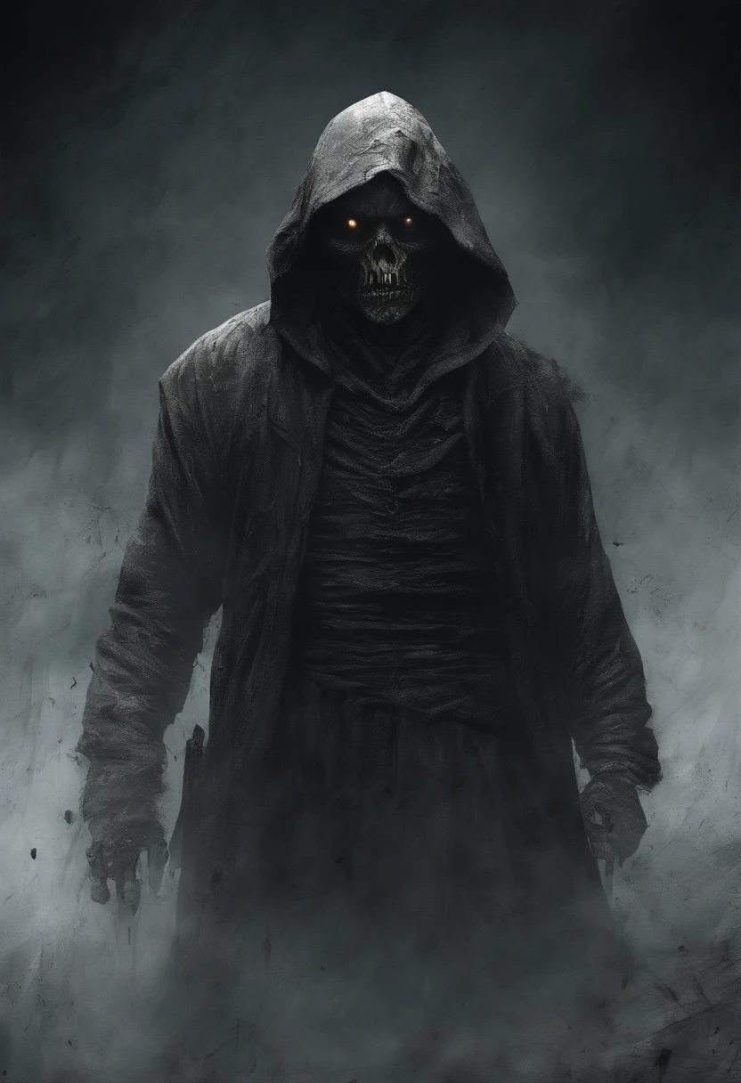 waist up, very old, half of the face deformed and melted, scary, dirty, beggar, monster, short gray hair, pale and wrinkled skin, sparse beard, yellowish pupils, hunched posture, penetrating and evil gaze, torn clothes, cloak with raven feathers on the back, body covered with bands and hood, fog, dark gas station, horror, fear, scary, suspense, mysterious