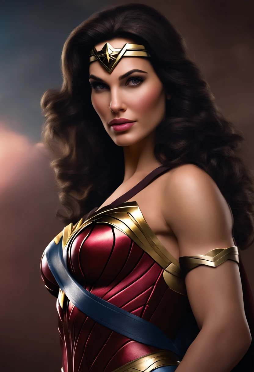 Here's an ultra-realistic image of the brunette Wonder Woman, non-sensual, with non-bulky breasts, fazendo o auto-exame de mama no contexto da campanha do Outubro Rosa. She is showing the importance of self-examination and breast cancer awareness. Junto, We can fight this disease