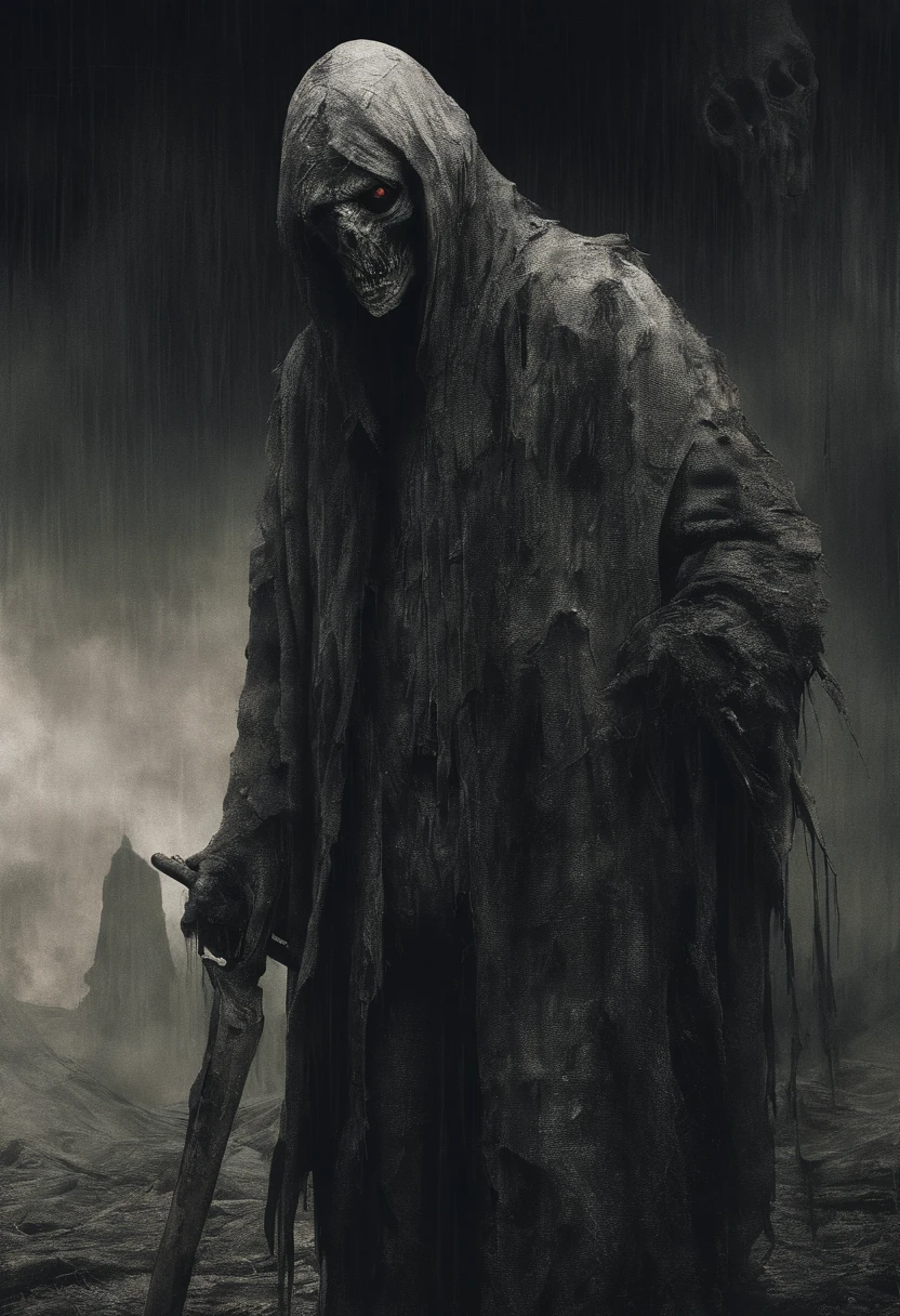waist up, very old, half of the face deformed and melted, scary, dirty, beggar, monster, short gray hair, pale and wrinkled skin, sparse beard, yellowish pupils, hunched posture, penetrating and evil gaze, torn clothes, cloak with raven feathers on the back, body covered with bands and hood, fog, dark gas station, horror, fear, scary, suspense, mysterious