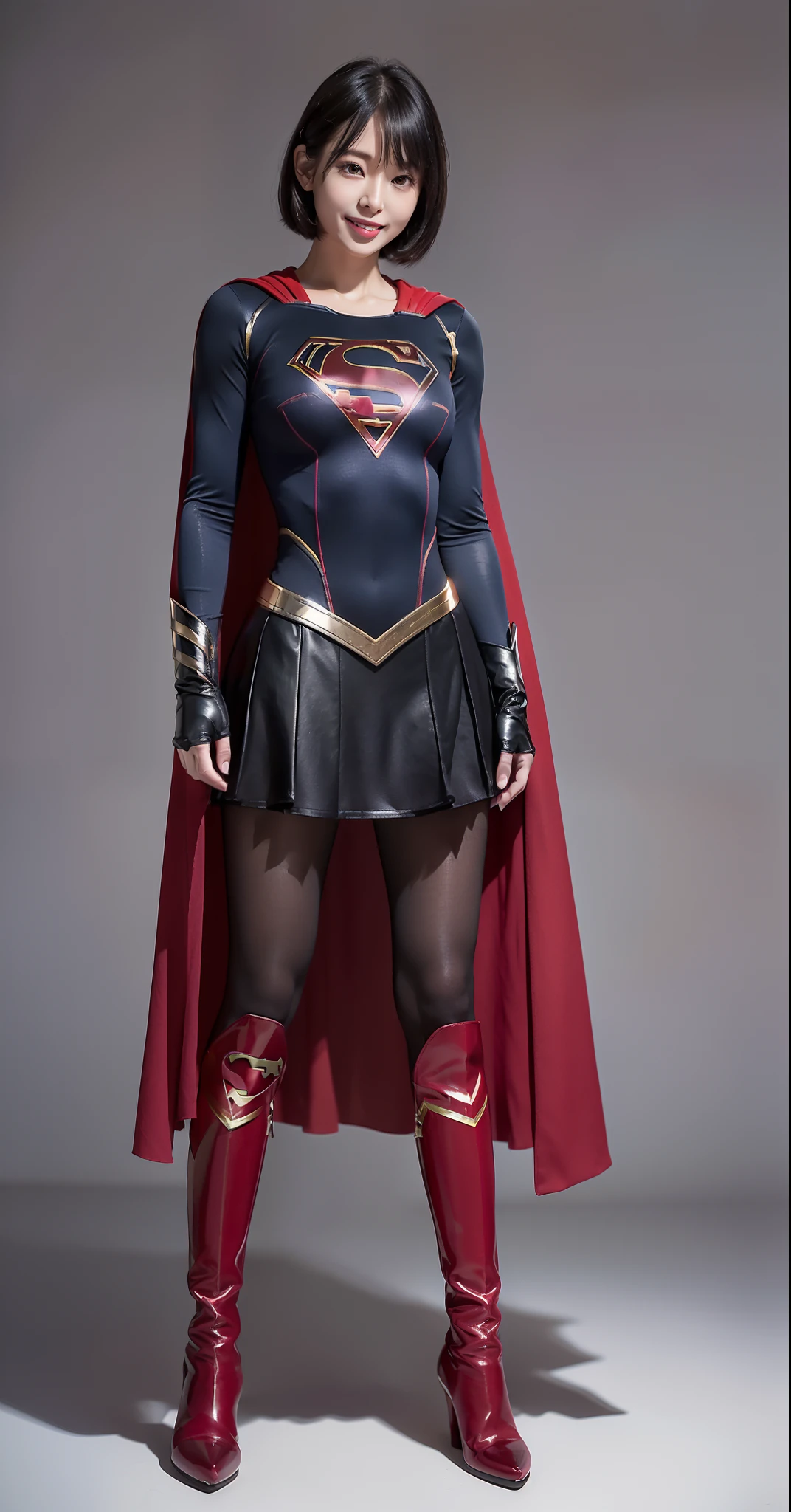 Be sure to wear black tights、(((Make the most of the original image)))、(((Supergirl Costume)))、(((shiny short hair)))、(((Suffering)))、(((Feet must necessarily be worn with black tights)))、(((Smile)))、(((You need to wear red boots)))、((Top image quality、8K))、((top-quality、8K、masterpiece:1.3))、(((Keep your background simple)))、Crisp focus:1.2、Beautiful woman with perfect body shape:1.4、Slender Abs:1.2、((layers-Cut、large boob:1.2))、a wet body:1.5、Highly detailed facial and skin texture、
