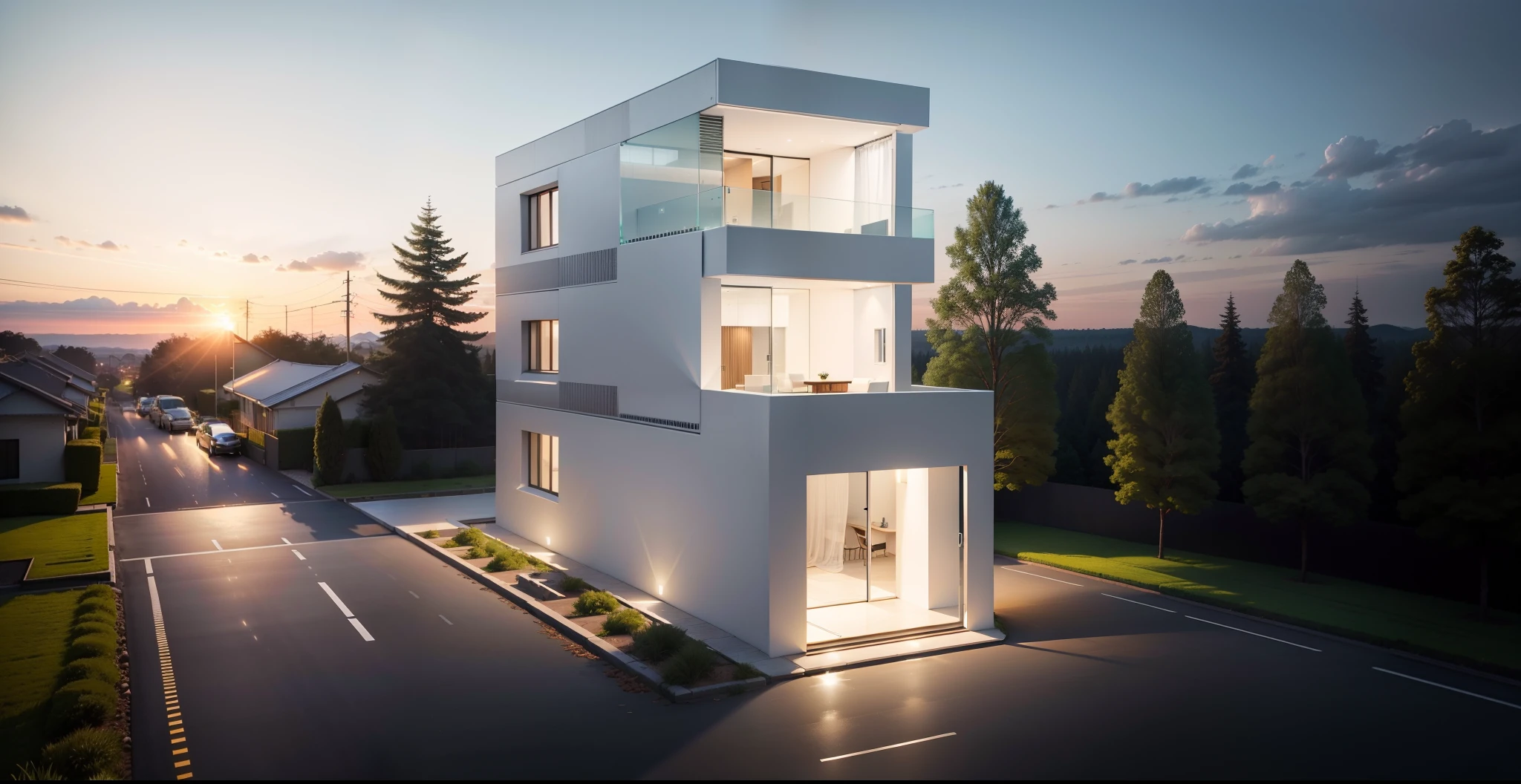 （super wide shot），（Best masterpiece），8K，A modern house with a width of 520cm and a length of 1850cm, combine glass arrays and white solid walls, , small road surface, Wide door, wide windows, Minimalist cubes, minimalist array, Minimalist lines, Minimalist appearance, Dense trees，Fresh green leaves, sparkling beautiful image , Evening light effect