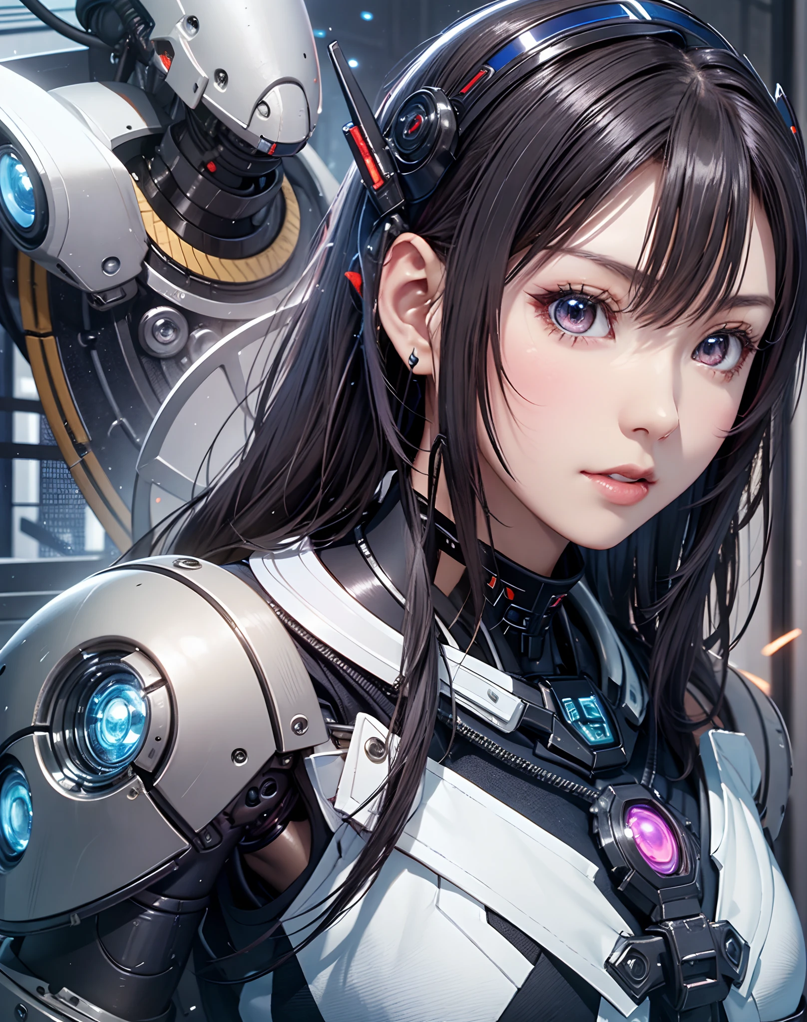 futuristic combat robot girl, broken building, sunset, wreckage of machines lying around, (ultra high resolution, photorealistic, realistic, best quality, photorealistic), (8k, raw photos, best quality, masterpiece), hi-res, longhair, 1girl, big tits, (mecha musume, mechanical wings, mechanical arms), background blurred, 20yo, sexy, (attractive face) (shiny skin, oiled skin, glistening skin, high gloss skin), professional lighting, : beautiful face, perfect face,