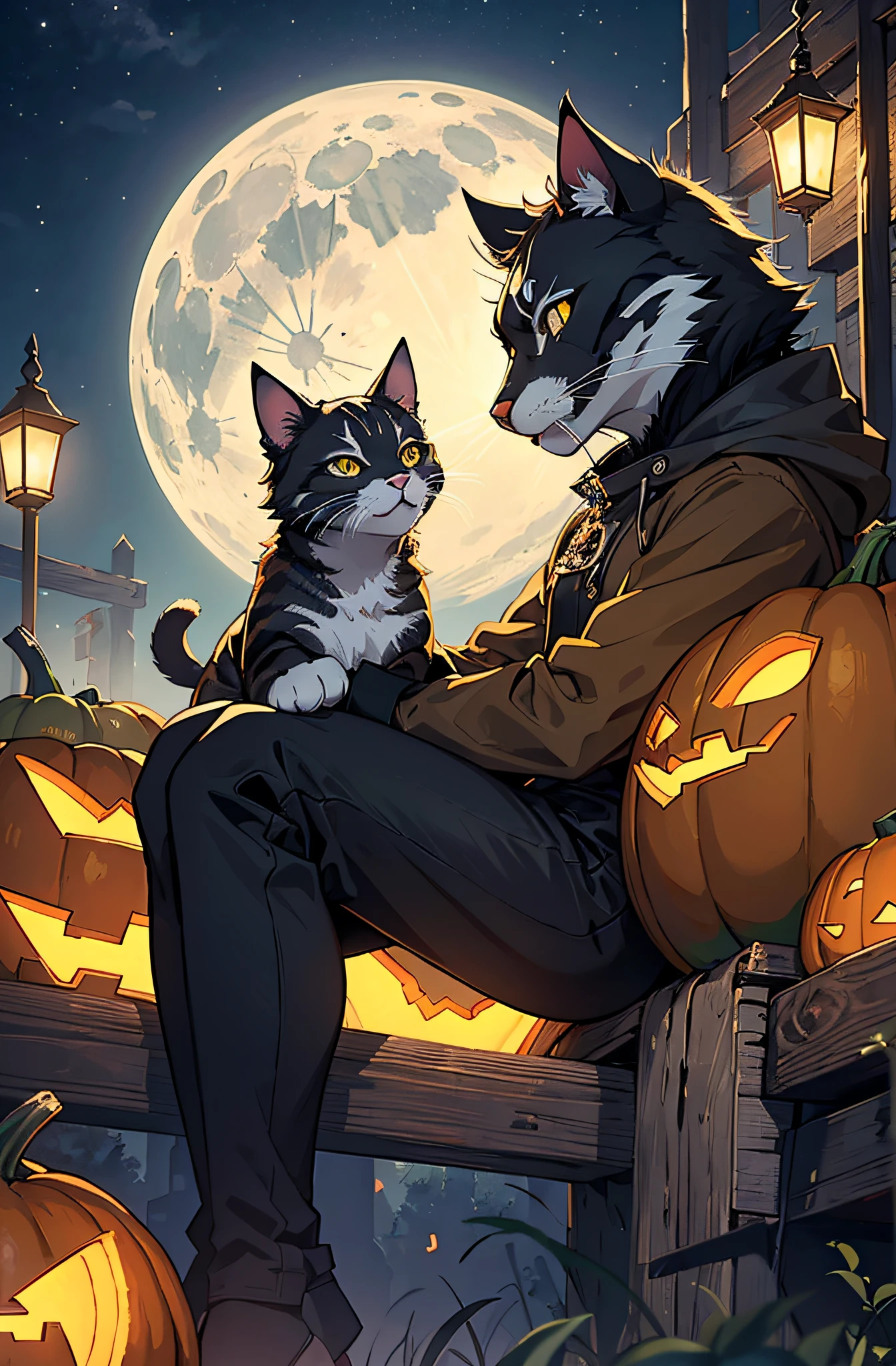 (Unschlagbares Meisterwerk), Halloween, ((Katze)), Pumpkin, ultrarealistische 8K-CG, Perfektes Artwork, great lightning, Bei Nacht, Mond, Nebel, gruselig