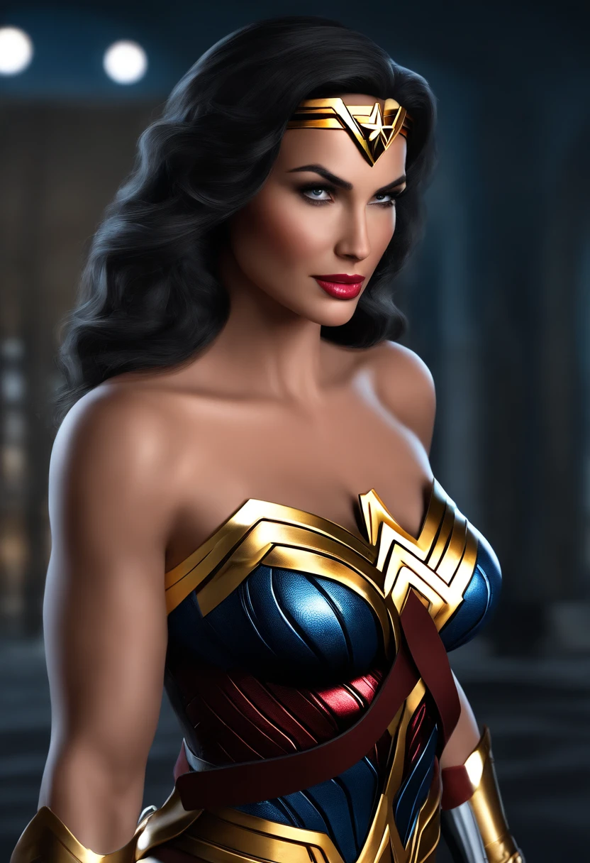 give me an ultra-realistic picture of Wonder Woman, com meia idade, morena, aparentando ser Brasileira, non-sensual, with non-bulky breasts, fazendo o autoexame de mama no contexto da campanha do Outubro Rosa