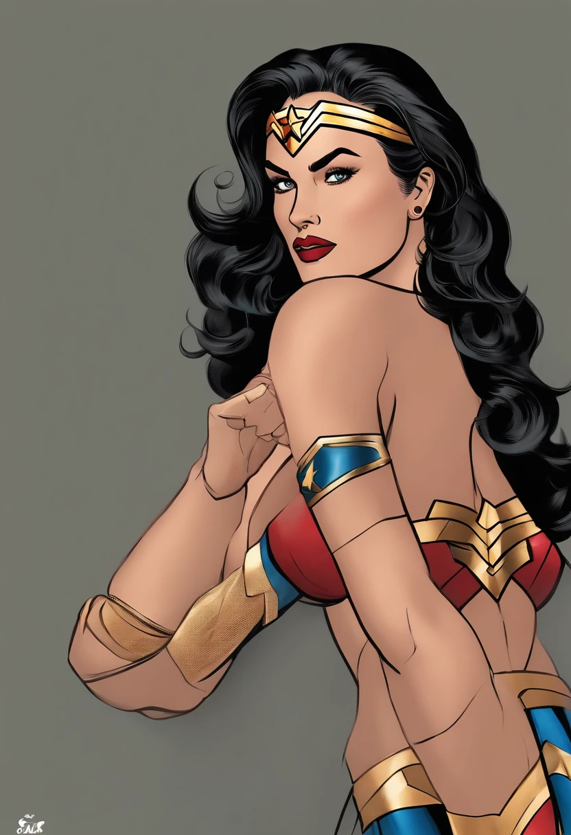 give me an ultra-realistic picture of Wonder Woman, com meia idade, morena, aparentando ser Brasileira, non-sensual, with non-bulky breasts, fazendo o autoexame de mama no contexto da campanha do Outubro Rosa