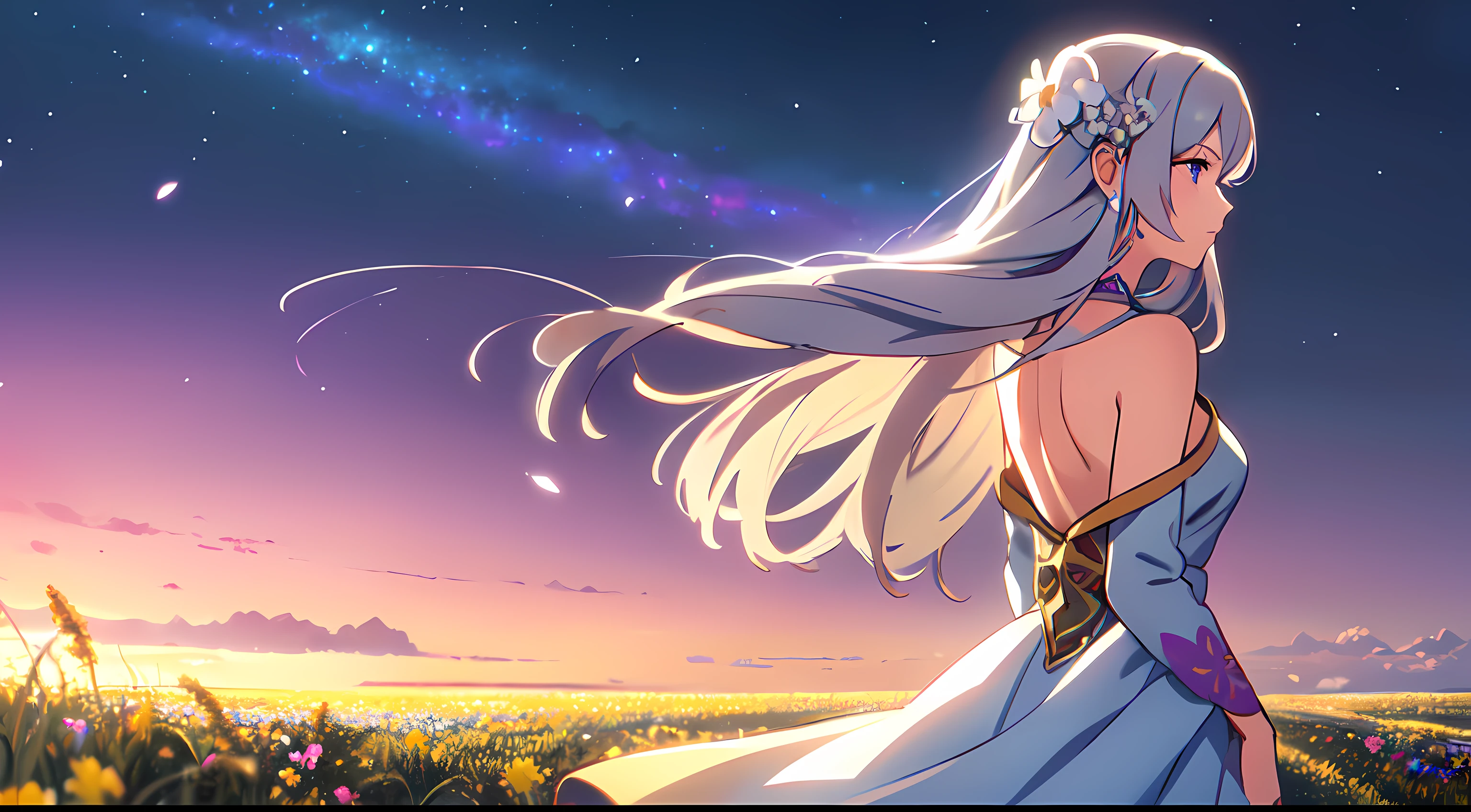 masterpiece, best quality, 1lady, solo, really long hair, white hair, (flowers hair ornament), light blue eyes, necklace, earrings, night, Vast sky, beautiful skyline, fireflies, fantasy, off shoulder blue dress, night scenery, behind view, back view, touching wheat field, close up