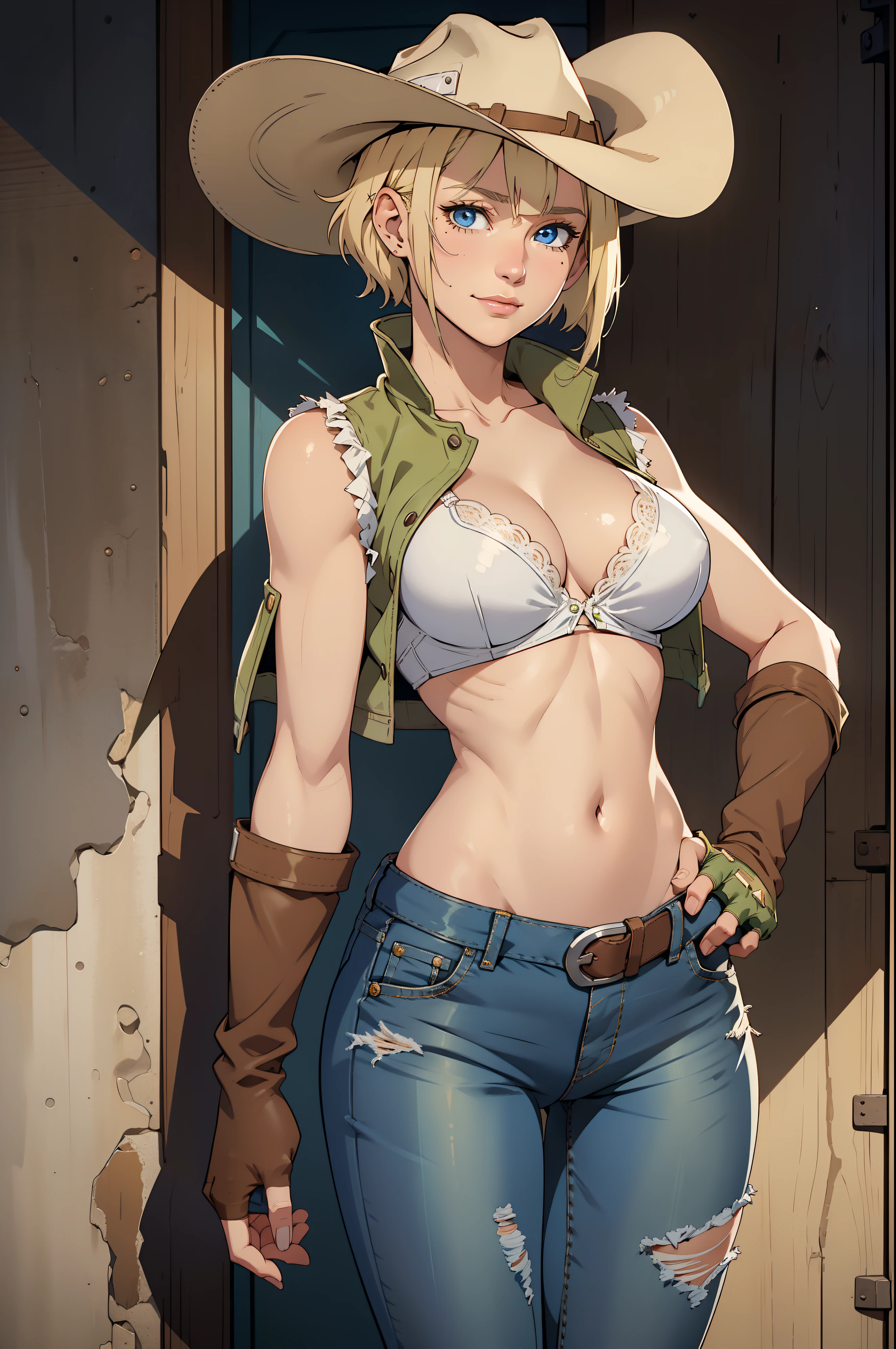 1girl, cowboy hat, white bra, green vest, no sleeve, navel, blue jeans, brown boots, fingerless gloves, short hair, blonde hair, parted bangs, blue eyes, mole under right eye, slight smile, american old west, best quality, masterpiece