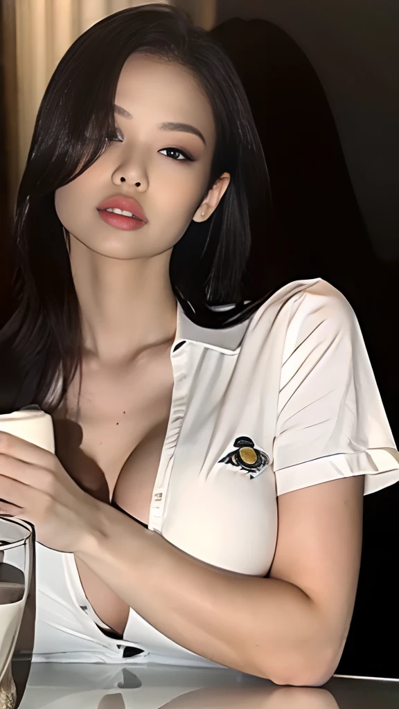 Full-body, school uniform White button shirt, (masterpiece)), ((best quality)), (ultra-detailed), ((extremely detailed)), 4K, (8K), best quality, (beautiful),(((world-class quality))), extremely detailed, high resolution, (detailed shaded pretty face), solo, (((sagging breasts))), at the club, white buttoned up shirt, white button shirt, sitting behind table, breast on the table, long hair, red eyes, red lips, only upper body showing, sitting across from viewer, facing viewer, sharing the same table, seeing only the upper part of the body, chest up, close up shot of torture, arm lay on table infront of breasts, arm closer to breasts, 1 arm closely pressing into breasts, 1 hand grab breast, 1 hand feeling breast, (((very huge boobs))), less Bright, more detail shadows on breasts, beautiful eyes, (((holding glass of milk))), pour milk on body, pour milk on Torso, pour milk on breasts