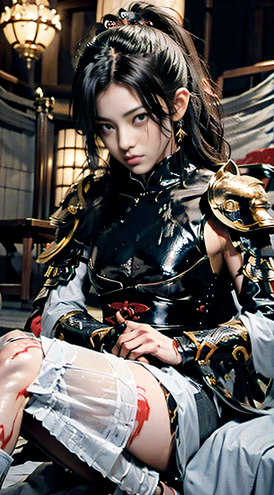 (((32k,high detal,high-detail、masterpiece,Attention to detail,full body Esbian,独奏,1man))),Raw photo & realistic atmosphere,beautiful dark blue eyes,Detailed mouth,Detailed eyebrows,Shine in every detail,Eyes drawn in detail、Very beautiful eyes with azure eyes,Detailed lips、Infinite reality, ,Brave samurai of the Sengoku period, bulky17-year-old beautiful boy,Samurai of the Sengoku period of Japan,My face is very flushed.,Tremendously beautiful17-year-old Sengoku samurai beauty boy,(youthfulness,Pierce sad eyes,Serious beautiful look,Armor samurai of the Sengoku period,Sengoku armor,Armor of the Warring States Period,Black shiny hair,Chonmage,showing your whole body,Detailed crisp armor,Beautiful luxurious Sengoku armor,Armoured pockets,torso,small hand,Sandals,Shoulder to shoulder,Sengoku Warlord,Sengoku Daimyo,A beautiful boy strongly influenced by Mori Ranmaru,The image of the whole body turning red and black,Beautiful face like a girl:1.6),(The whole body is wet from the rain,Red-black liquid on the face,Red-black liquid on lips,Red-black liquid in armor:1.8)