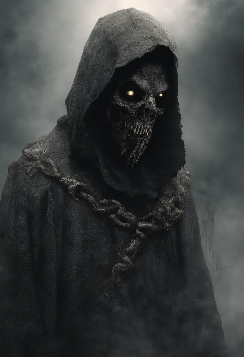 waist up, very old, half of the face deformed and melted, scary, dirty, beggar, monster, short gray hair, pale and wrinkled skin, sparse beard, yellowish pupils, hunched posture, penetrating and evil gaze, torn clothes, cloak with raven feathers on the back, body covered with bands and hood, fog, dark gas station, horror, fear, scary, suspense, mysterious