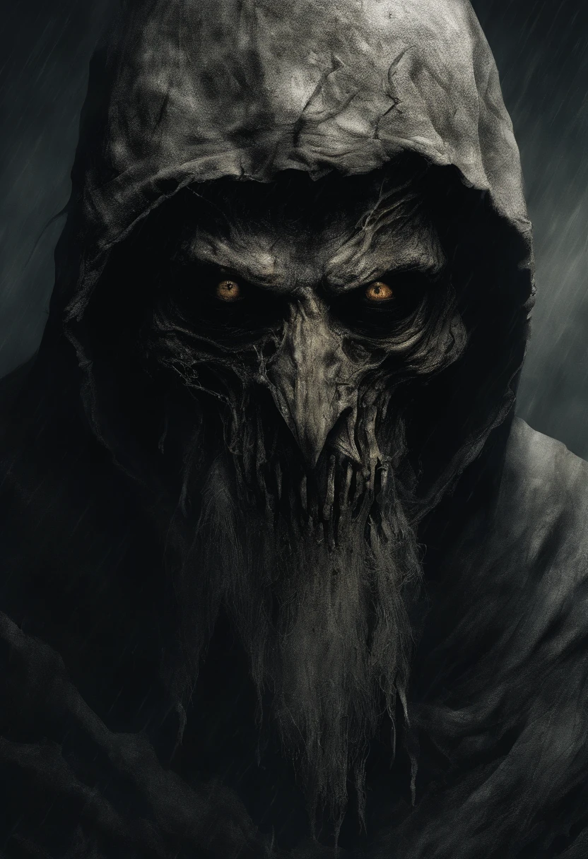 waist up, very old, half of the face deformed and melted, ugly, scary, dirty, beggar, monster, short gray hair, pale and wrinkled skin, sparse beard, yellowish pupils, hunched posture, penetrating and evil gaze, torn clothes , cloak of raven feathers on the back, body covered with bands and hood, fog, dark gas station, horror, fear, scary, suspense, mysterious
