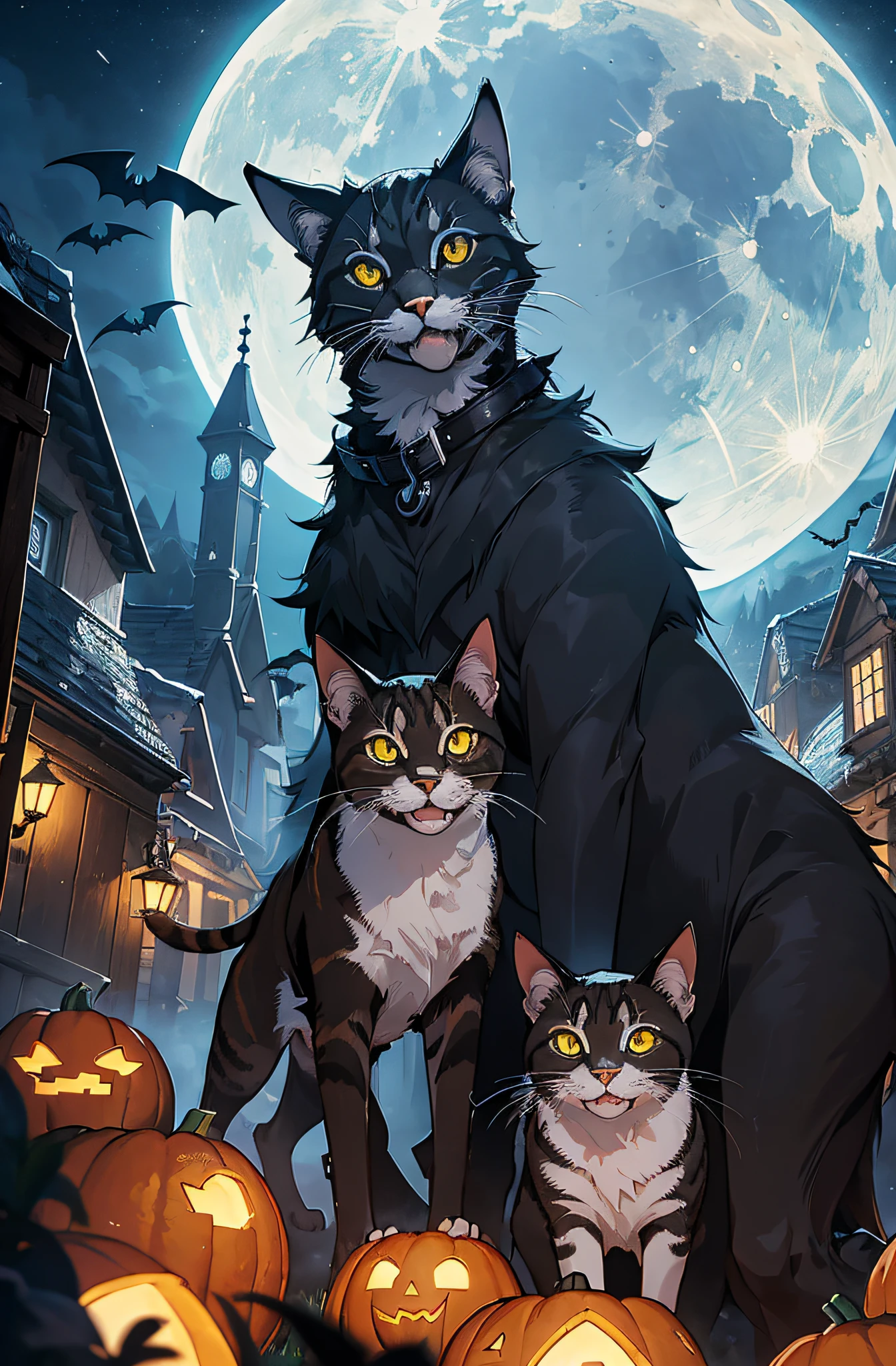 (Unschlagbares Meisterwerk), Halloween, ((Katze)), Pumpkin, ultrarealistische 8K-CG, Perfektes Artwork, great lightning, Bei Nacht, Mond, Nebel, gruselig