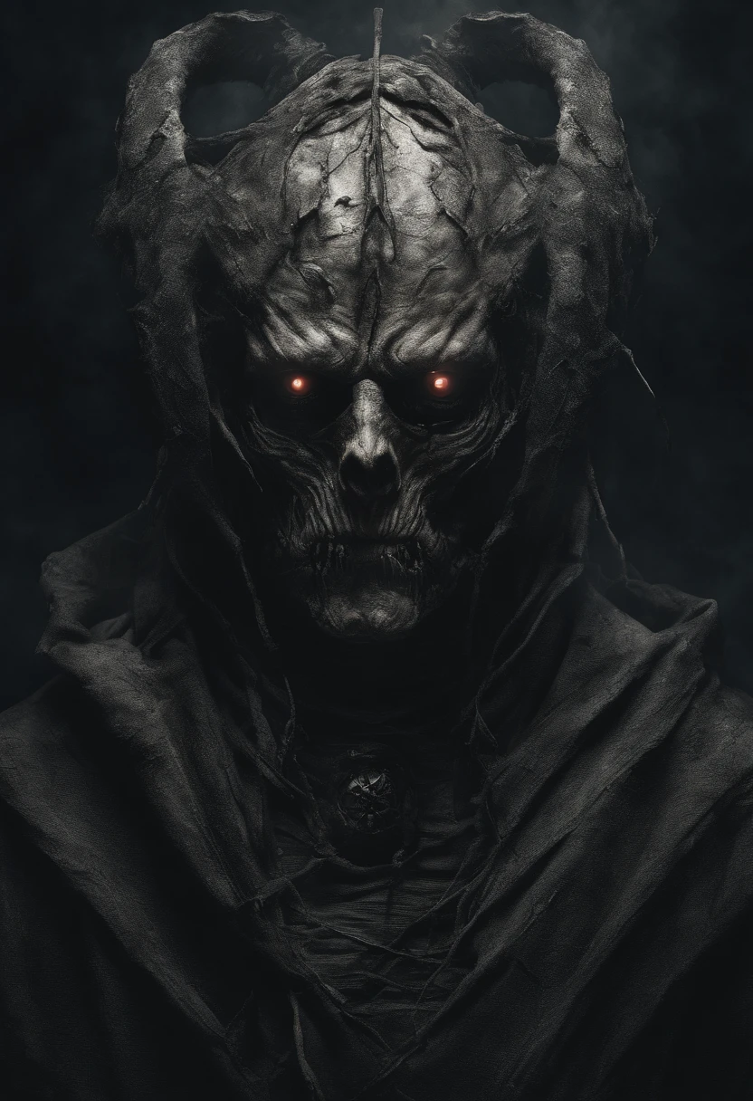 waist up, very old, half of the face deformed and melted, ugly, scary, dirty, beggar, monster, short gray hair, pale and wrinkled skin, sparse beard, yellowish pupils, hunched posture, penetrating and evil gaze, torn clothes , cloak of raven feathers on the back, body covered with bands and hood, fog, dark gas station, horror, fear, scary, suspense, mysterious
