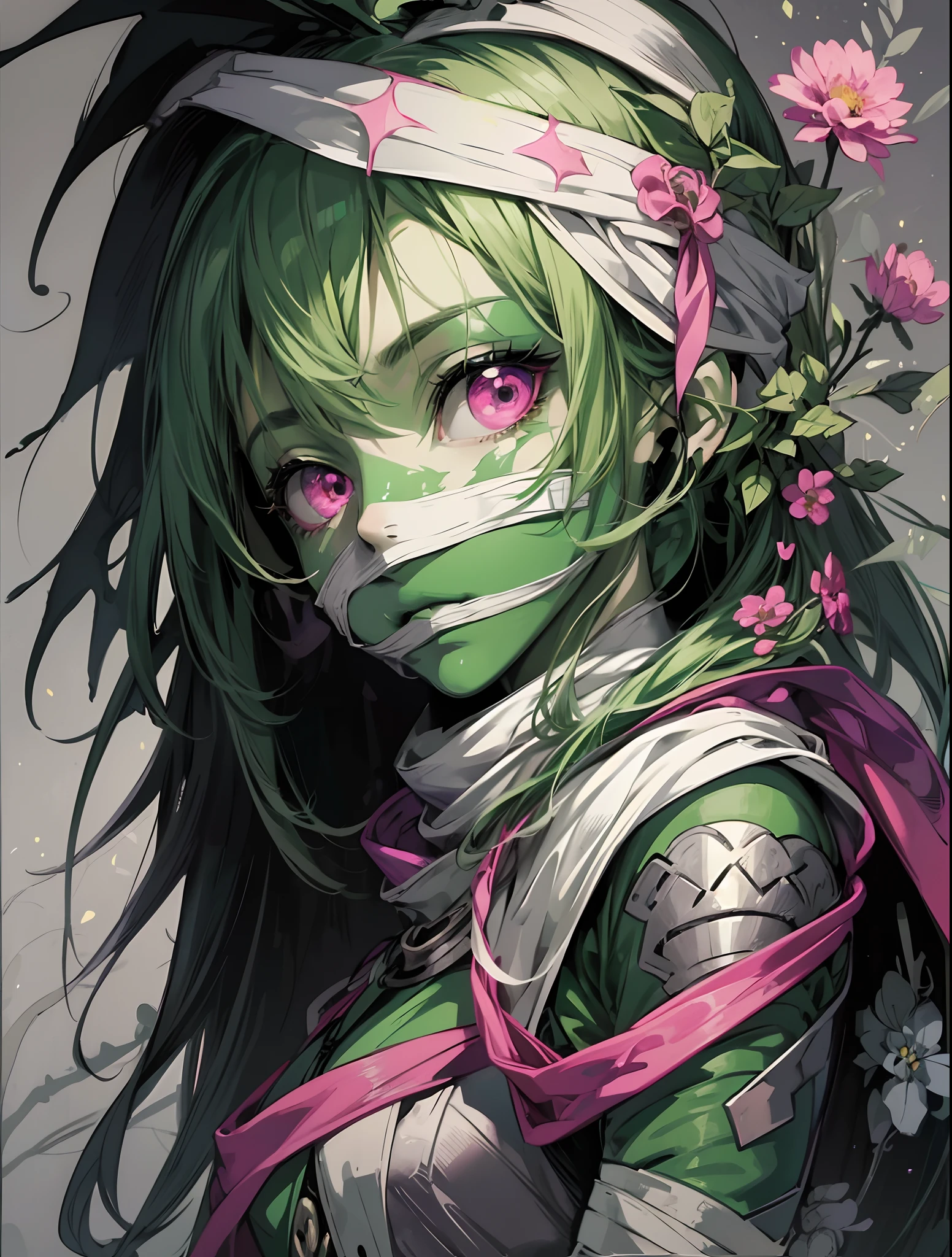 Beautiful cute girl light gray_green mummify
Goblin with visibily flower and white bandages,  mummy mask,  color splash,  monochrome green and pink,  beautiful fantasy,  cozy in the background,  manga style,  Tsutomu Nihei style,  beautiful colors,  Manga nib pen style,  beautiful landscapes scenery,  highly detailed,  light,  sparkle,  glistening atmosphere atmosphere — quality