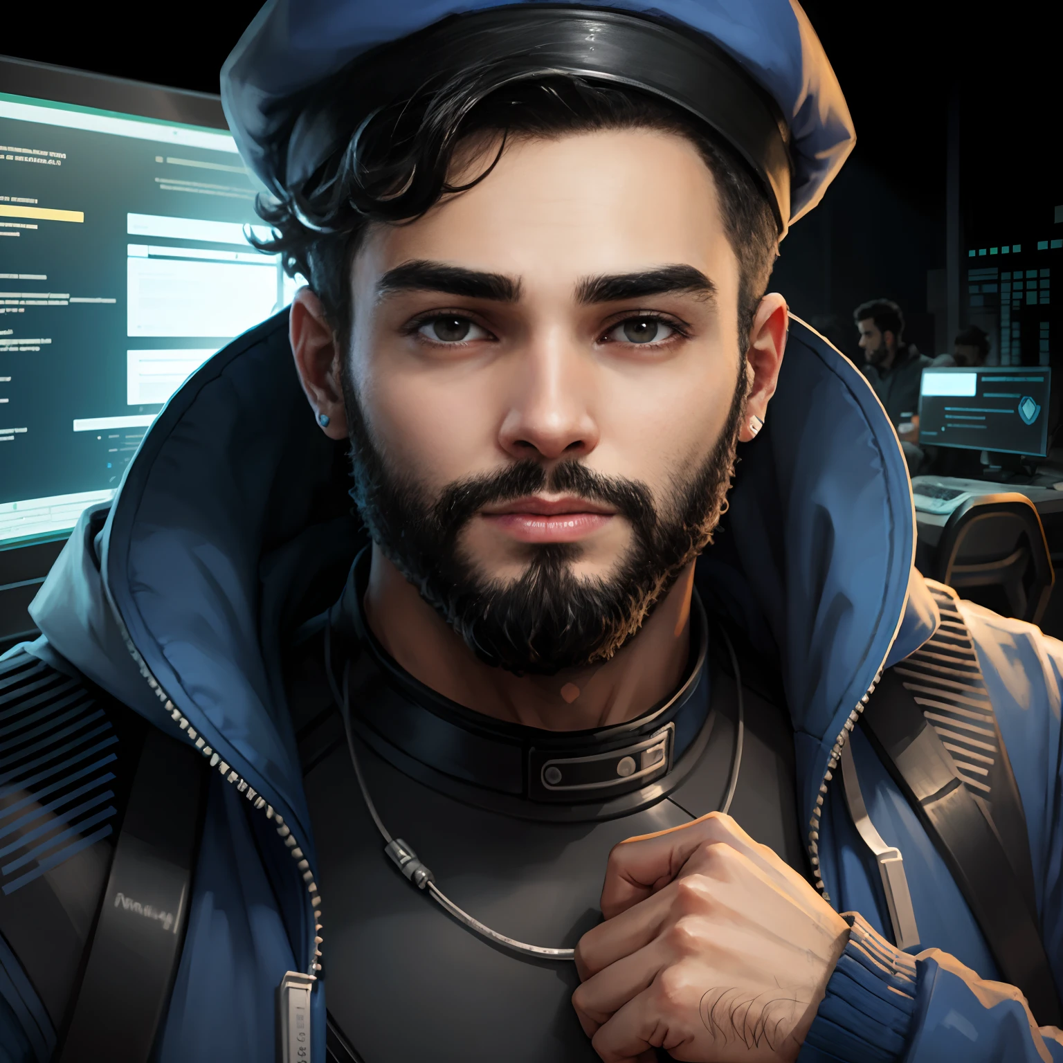  de 28 anos com hacker de computador de vidro, de barba, cap, celulares, blue jacket