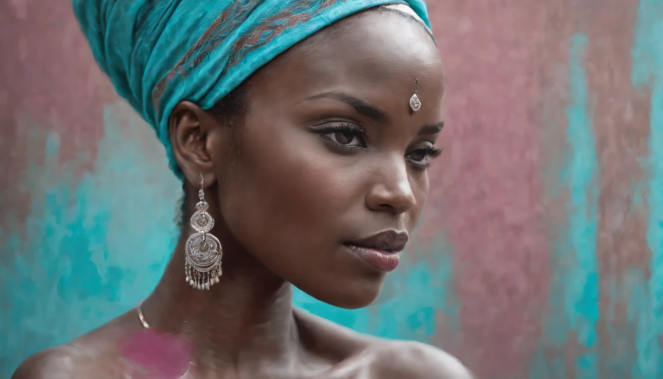 oil on canvas painting of an african woman, in the style of dark pink and turquoise, uhd image, contemporary middle eastern and north african art, silver and bronze, layered and textured mixed media pieces