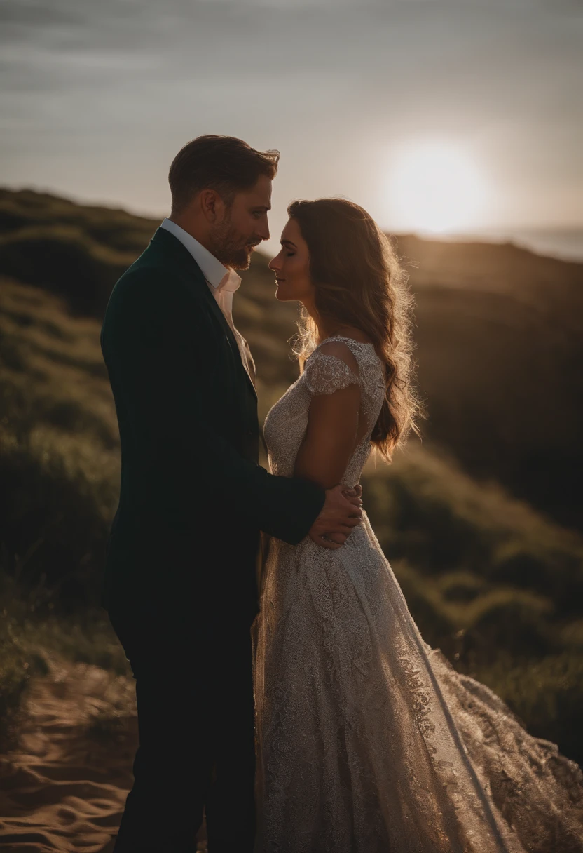 casal olhando um para o outro, um rindo e o outro chorando cabelos castanhos claros cacheados, olhos verdes, maquiagem leve, vestido colorido , Homem velho, cabelos castanhos escuros cacheados, olhos azuis, camisa branca, Fundo da praia , Cloudy sky ,realismo, fotos realistas, Professional color correction, 8k, f2.4 aberturas, Lente 35mm, rosto real realista, only the face area is included.