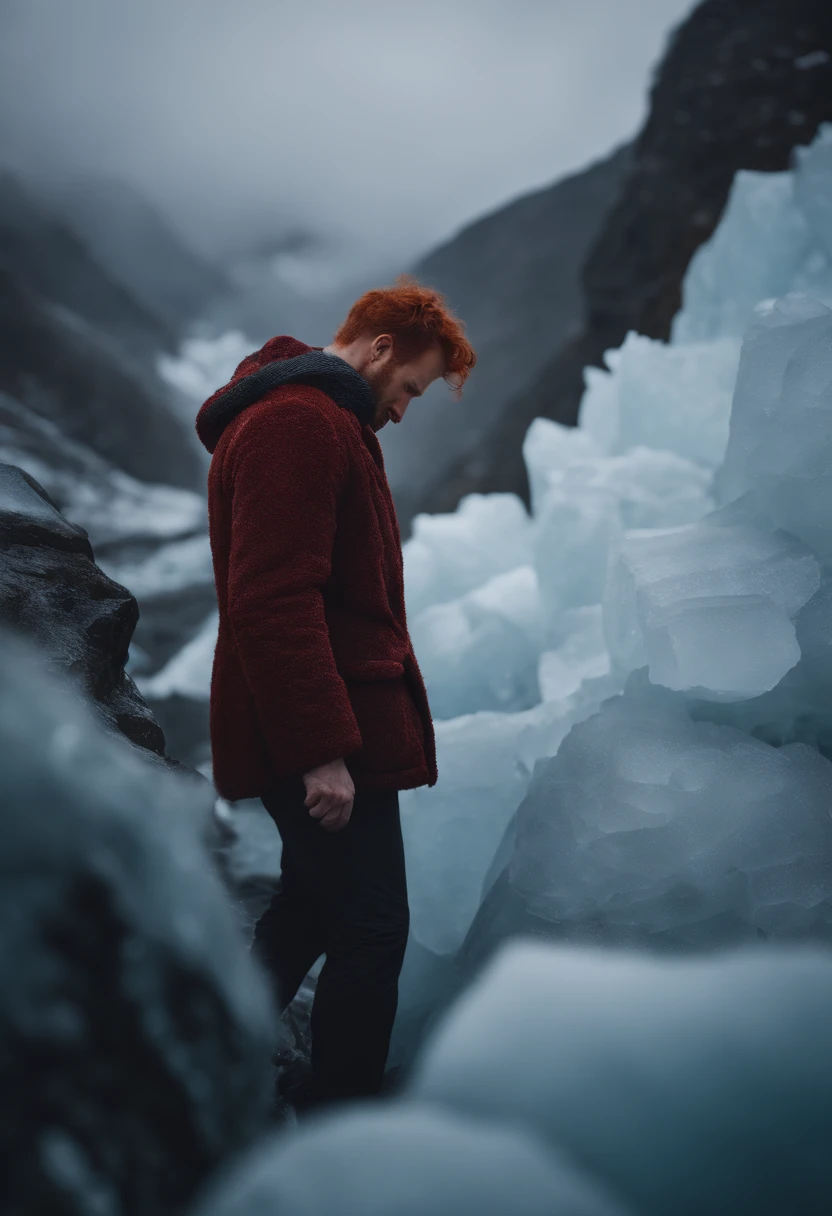 Man with red hair and fur coat climbing a mountain of ice